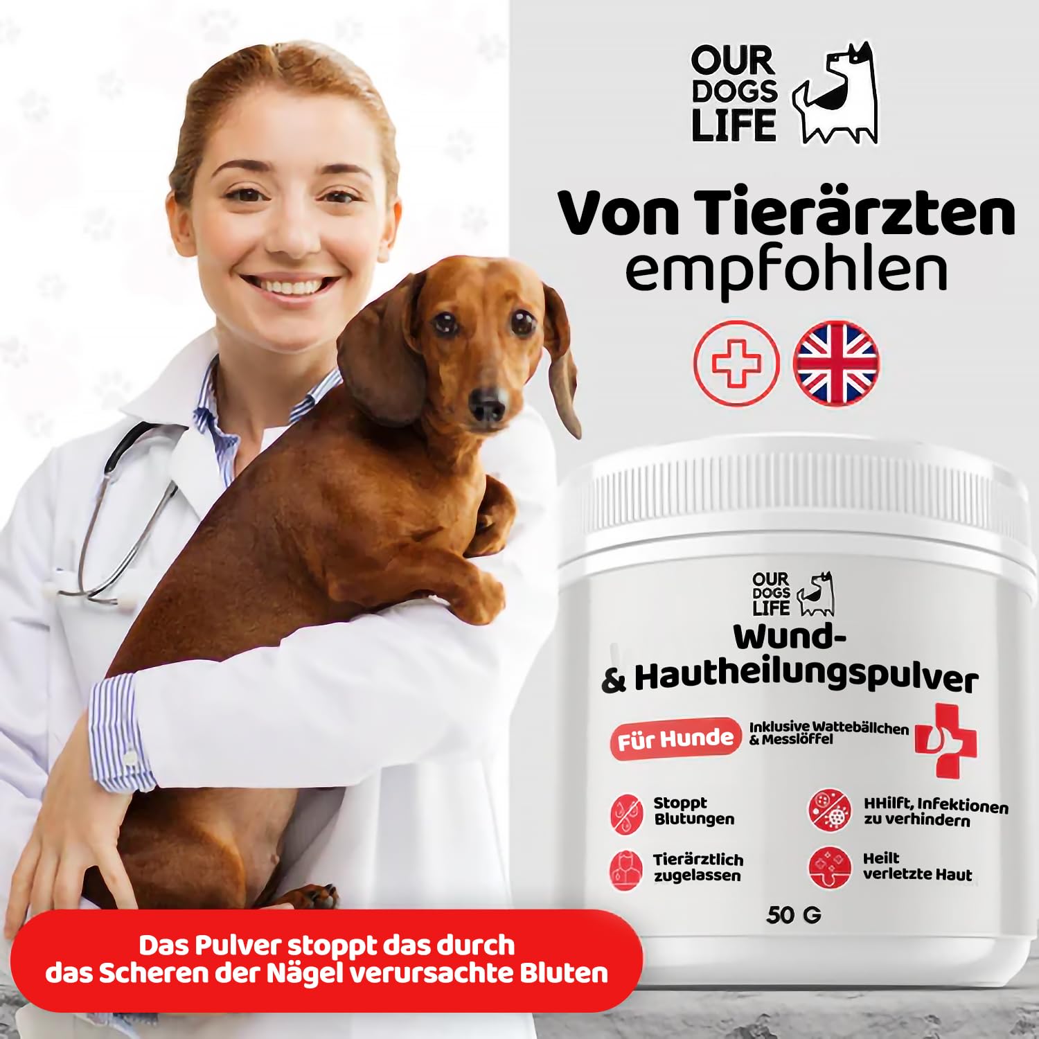 Wund- & Hautpuder für Hunde | Blutstillend & Heilungsfördernd | Tierärztlich getestet | Erste-Hilfe Wundpuder | Antibakteriell | DogsLife