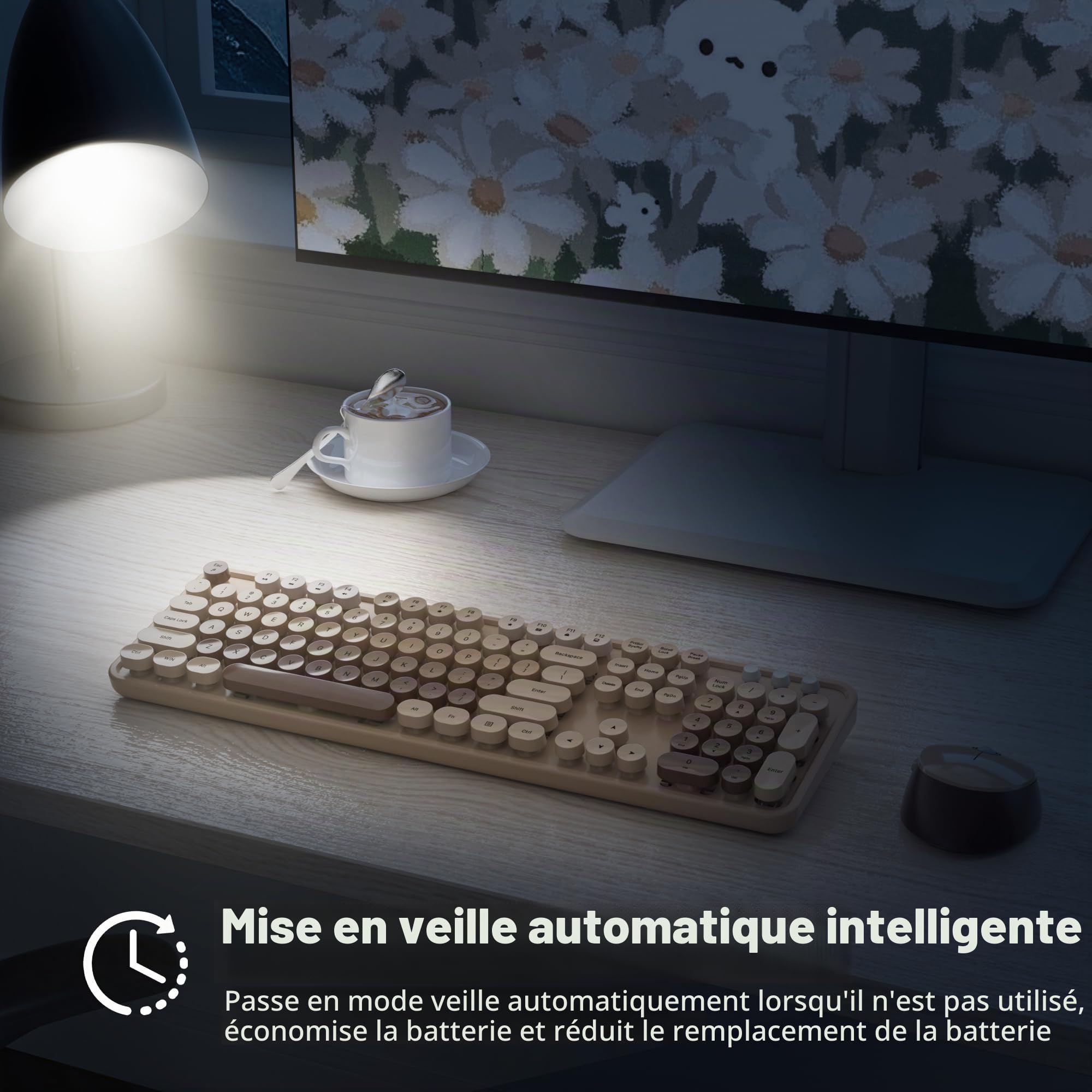 SOLIDEE Ensemble Clavier et Souris sans Fil - Clavier de Machine à écrire avec Touches Rondes, 2.4GHz, Pavé Numérique, 104 Touches (Américain QWERTY) (Mixed Coffee)