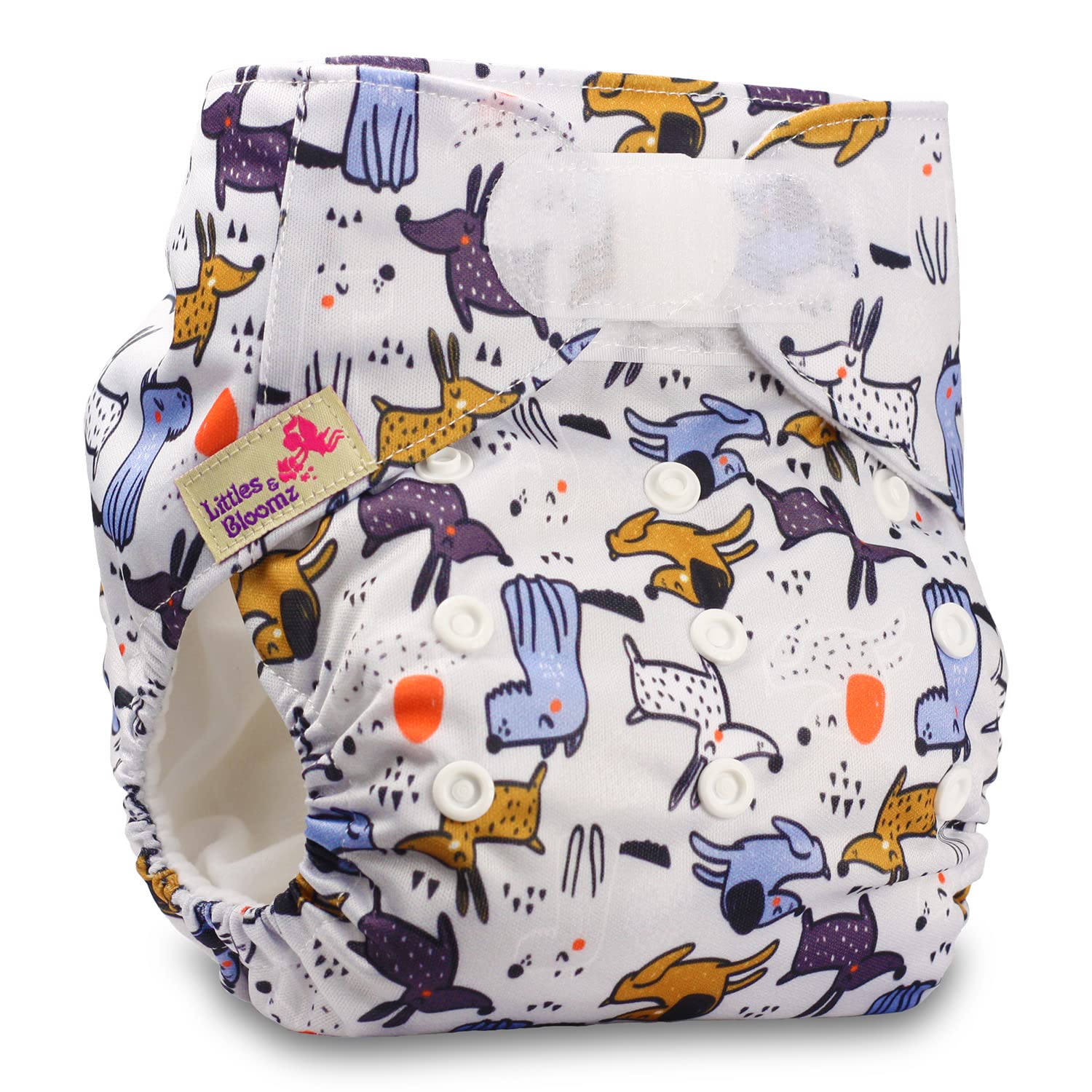 Littles & Bloomz, Reusable Pocket Cloth Nappy, Fastener: Hook-Loop, Set of 1, Pattern 37, with 2 Bamboo Charcoal Inserts