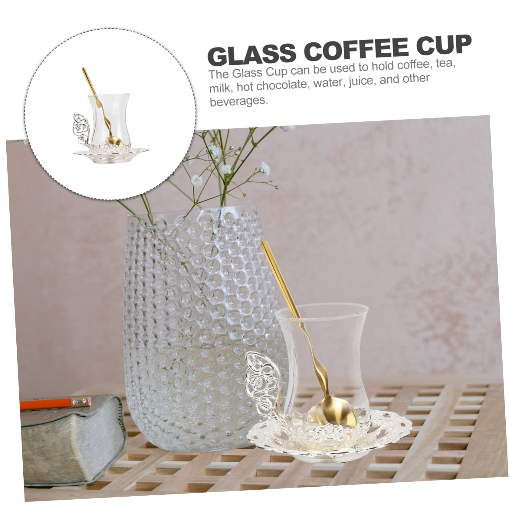2Juegos Taza de Café y Té de Vidrio con Platillo y Cuchara Diseño Elegante y Tallado para Servir Bebidas Calientes Estilo Vintage para Hogar
