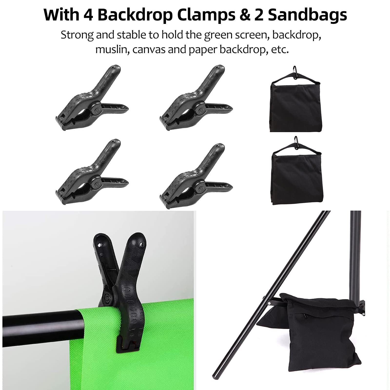Selens Kit di supporto per fondale da 2 x 3 m, regolabile in altezza, retrattile, con morsetti a molla, sacchi di sabbia e borsa per il trasporto, portatile, per fotografia, ritratti, foto, video