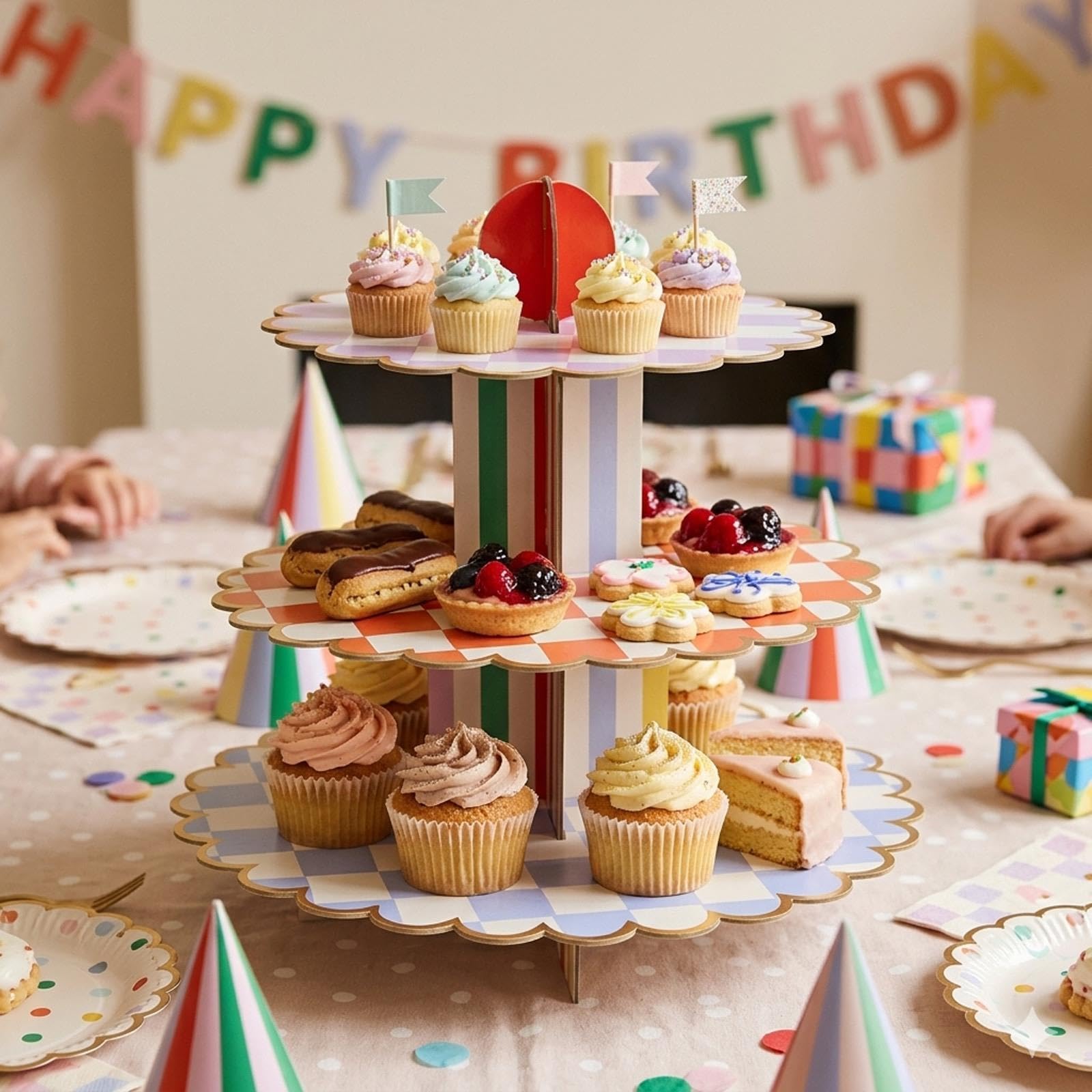 Club Green Playful Brights 3 Tier Paper Cake Stand Multicoloured Birthday Party Centrepiece For Dessert Tables And Celebrations (36 cm)