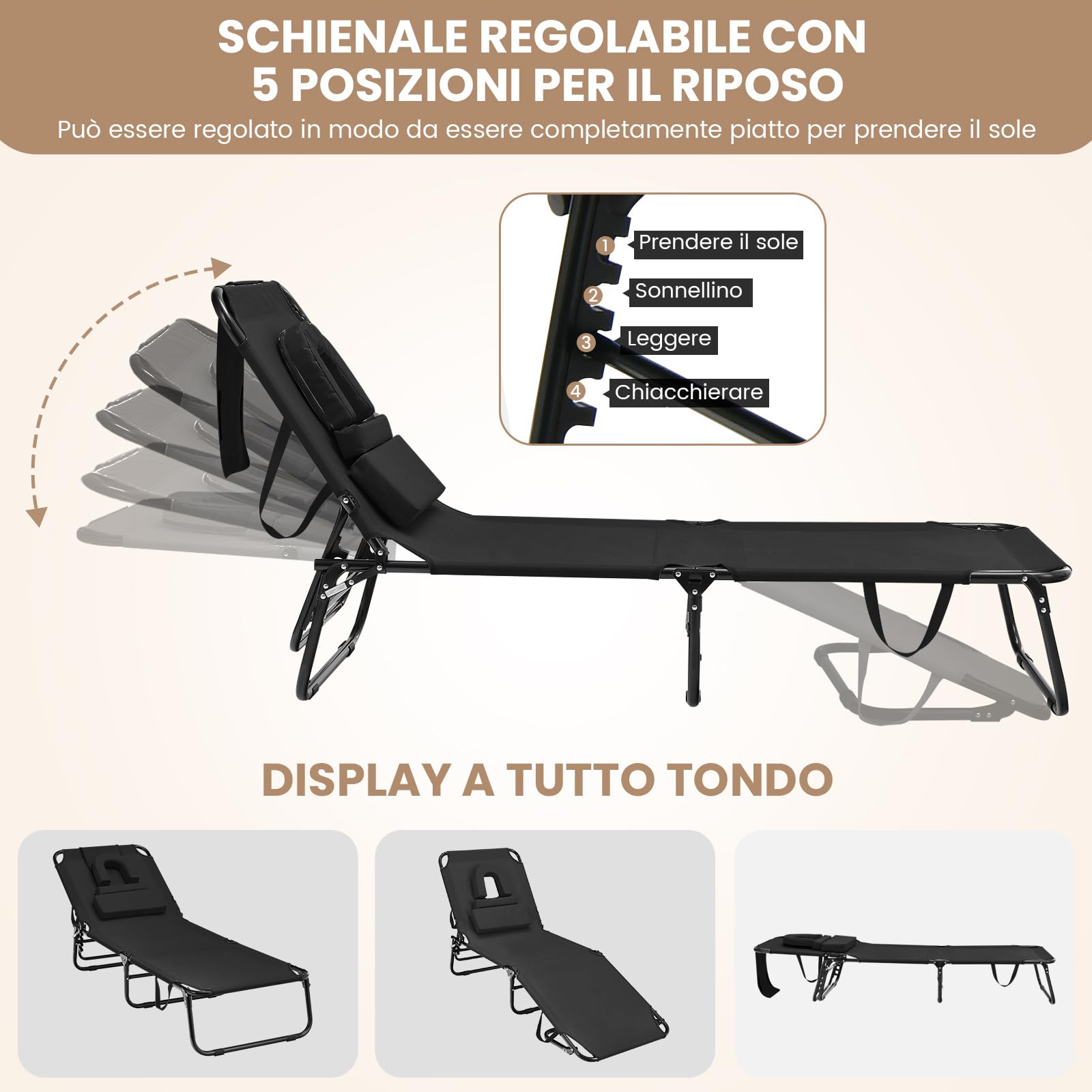 COSTWAY Lettino Prendisole Pieghevole da Spiaggia (1, Nero) | Sedia a Sdraio da Mare con Schienale Regolabile 5 Posizioni, Foro per il Viso e 3 Cuscini Rimovibili, Portata 160kg