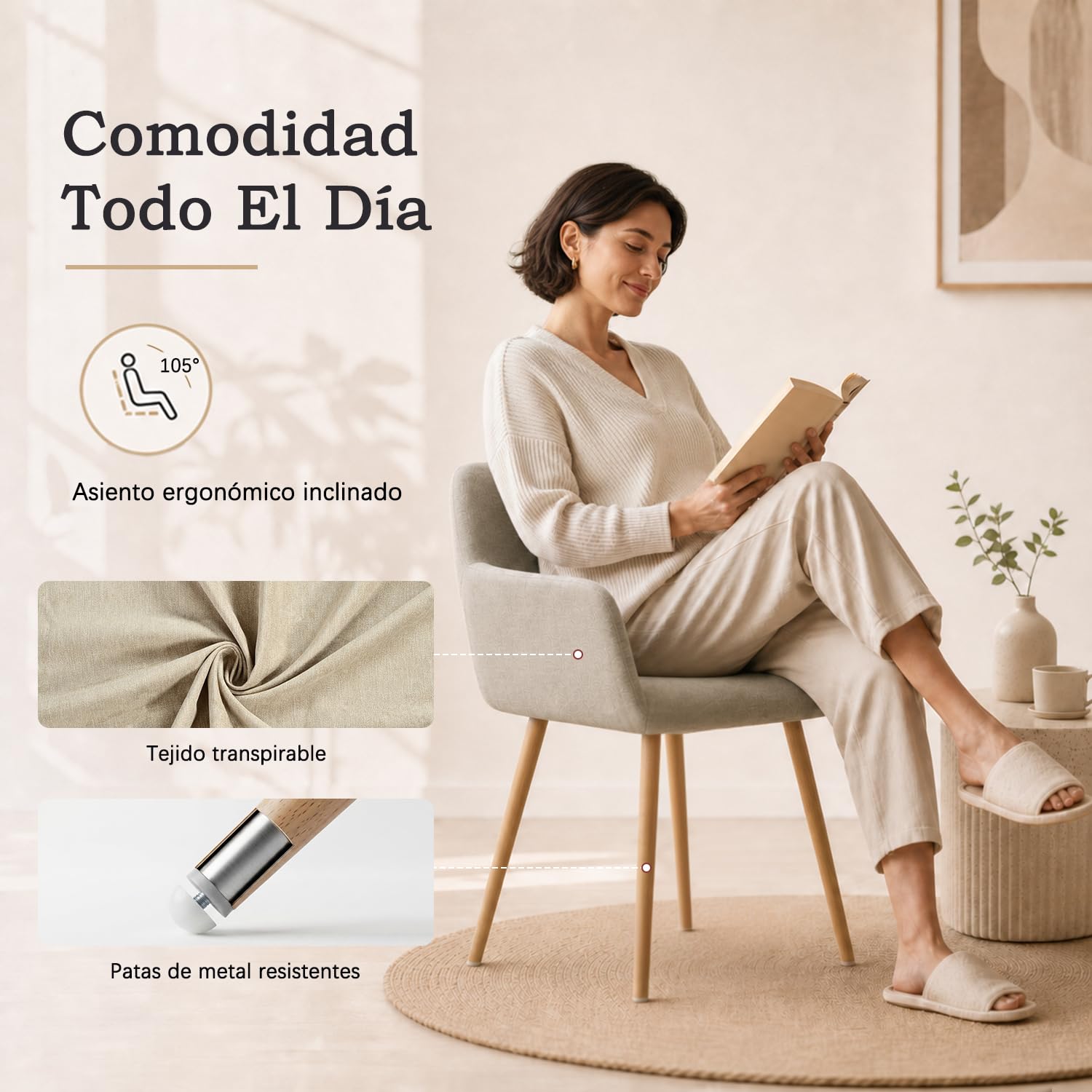 MEUBLE Cosy Juego de 4 Sillas de Comedor Escandinavo Sillón Tapizado en Tela con Reposabrazos Patas Metálicas para Cocina Salón