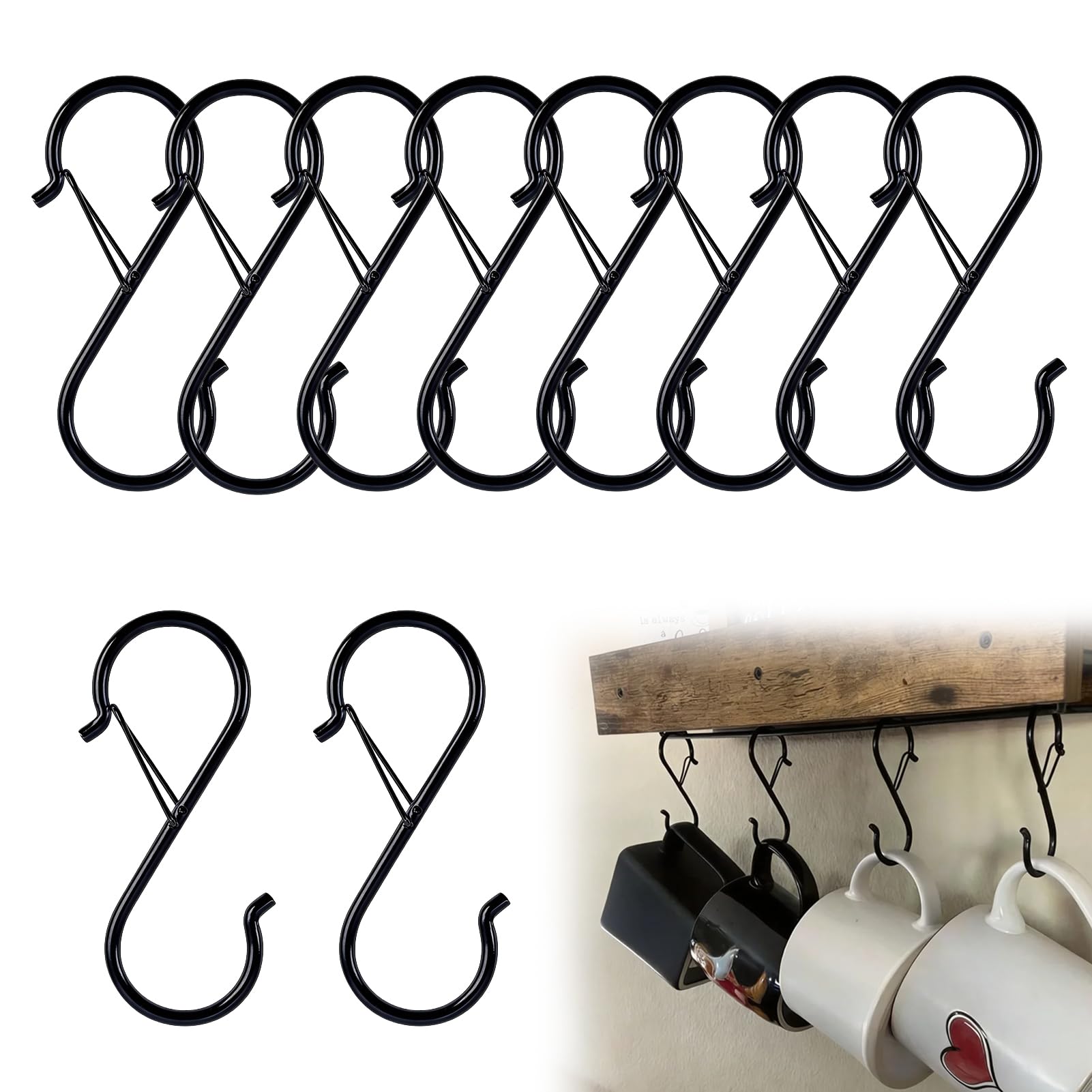 10Pcs S Hooks for Hanging, Safety Buckle, S Shaped Metal Hooks for Kitchen