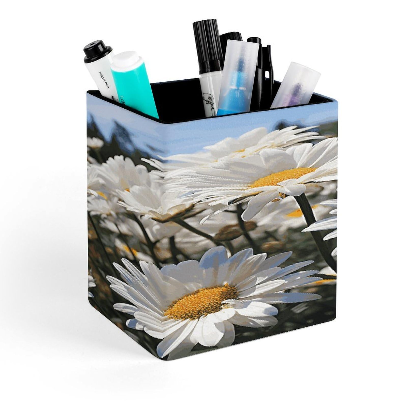 FekiLoot Wild White Daisies Pen Holder Personalized Desktop Pencil Holders Case Office Accessories Container Box for Square Pen Cup Desktop Organizer Makeup Brush Holder Caddy Storage