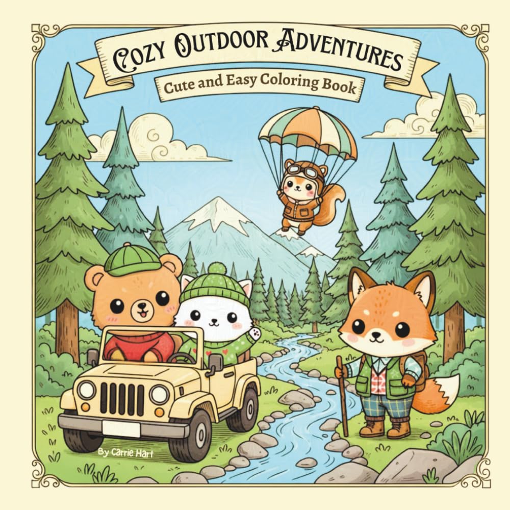 Cozy Outdoor Adventures: Cute and Easy Coloring Book for Adults and Teens Featuring Fun, Exciting, and Cozy Outdoor Adventures with Happy Animal Characters in Charming Scenes For Relaxation