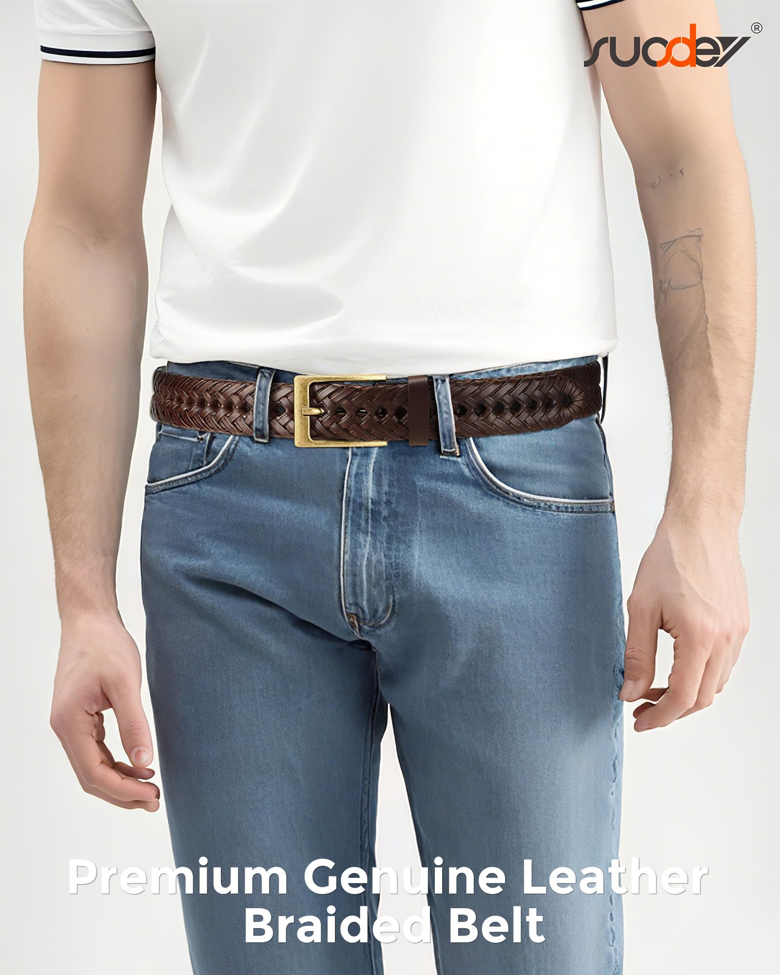 Cinturón trenzado de cuero genuino para hombres, 1.2 ancho hombres cinturón de cuero tejido casual para pantalones vaqueros, A: Bronceado esmaltado 2