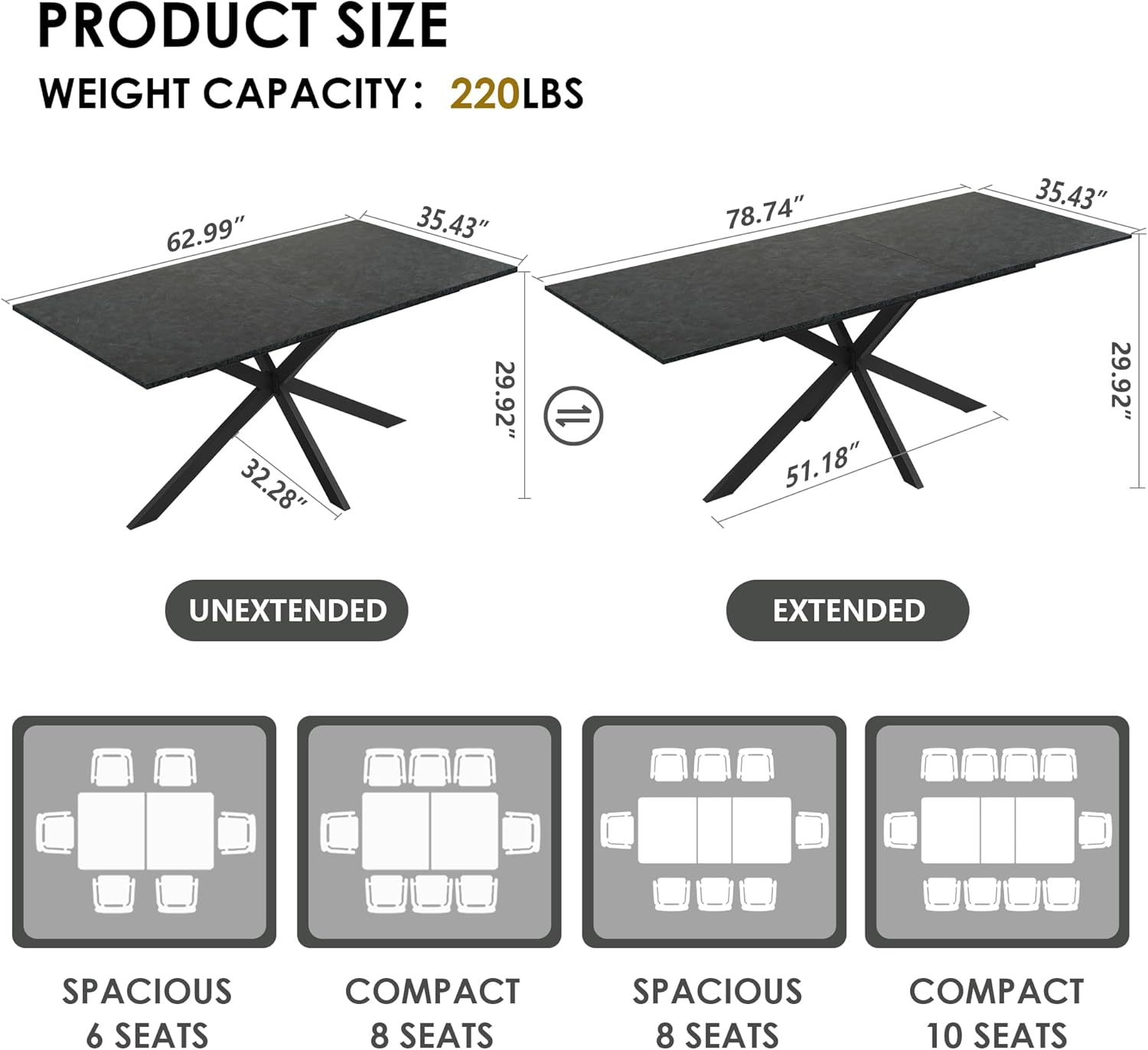 63-78.74 Inches Spaces Svaing Extendable Dining Table with Strong Metal Legs, Kitchen Table for 6-10 People, Outdoor Dining Tables for Kitchen/Restaurant/Outdoor, Black Lava