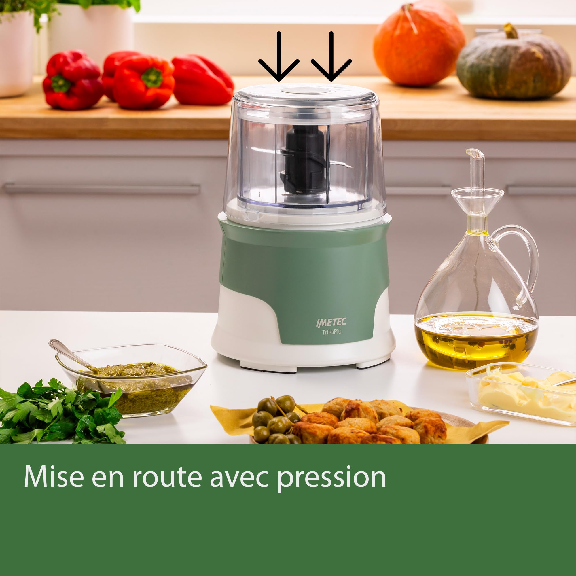 Bellissima Imetec Tritapiù Hachoir Électrique, 4 Lames en Acier Inoxydable, Grand Récipient 600 ml, 18000 tr / min, Fonctionnement sous Pression, 1000 W, Matériaux sans BPA