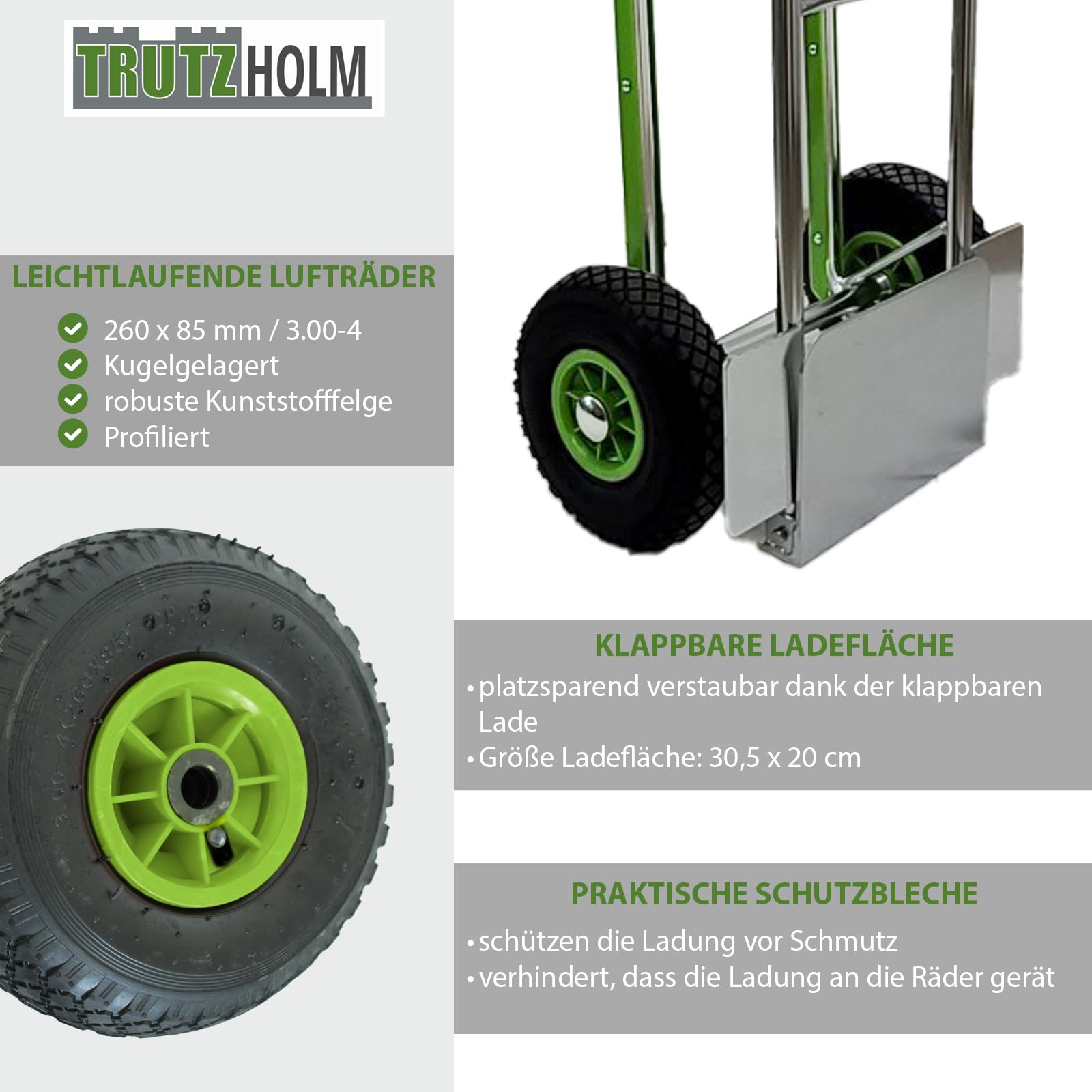 TRUTZHOLM Aluminium Sackkarre mit Treppenrutsche 200 kg Stapelkarre Transportkarre Treppensteiger Alu Klappbare Ladefläche Sicherheitsgriffe (200kg | Lufträder)