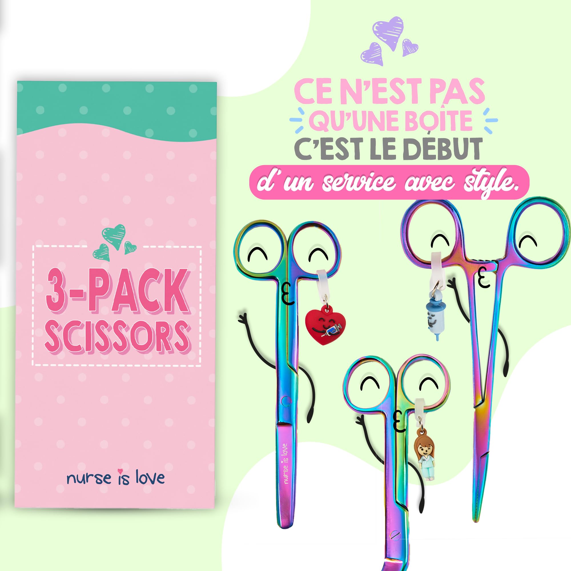 Nurse is Love Set 3 pièces Ciseaux Infirmiers Pico de Pato & Droits Mayo + Outil de Fixation | Ciseaux à Pointe Roma, Accessoires Infirmière, Premiers Secours - Cromium