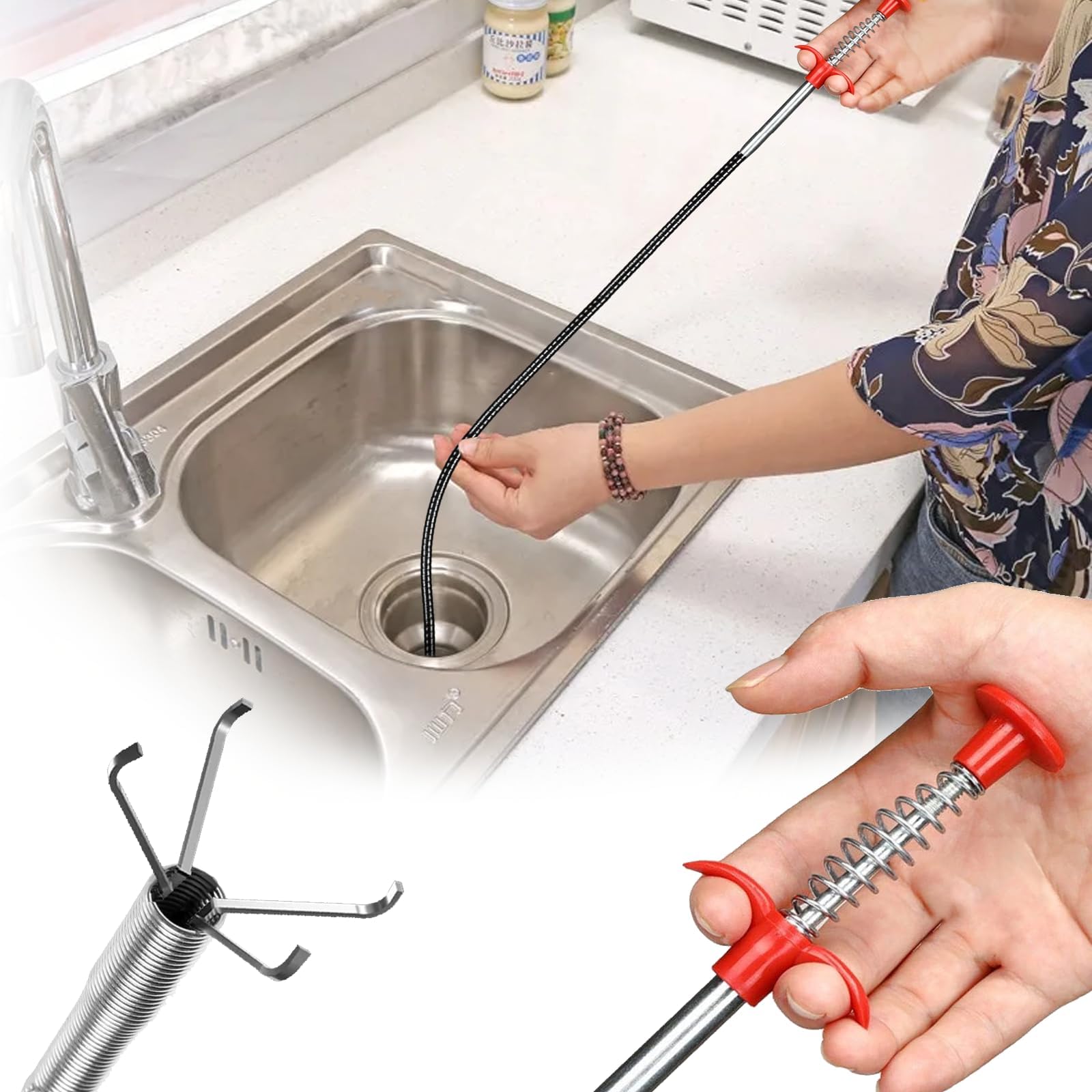 2 pinze a spirale flessibile per la pulizia dei tubi, 90 cm/60 cm, pinza telescopica, pulitore per scarico, WC a spirale, per cucina, bagno, fognature