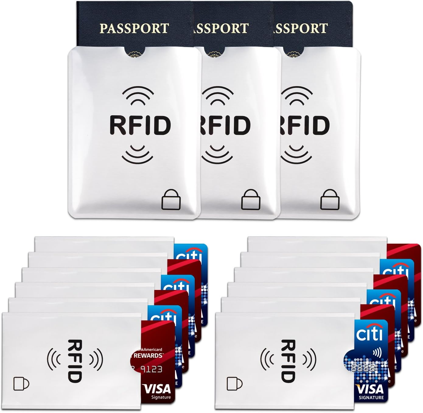 15 RFID Blocking Sleeves, 12 RFID Blocking Credit Card Sleeves & 3 Passport RFID Security Holders Suit, Identity Theft Protection Sleeve Set for Men & Women. Fits All Wallet and Purse. (15PCS)