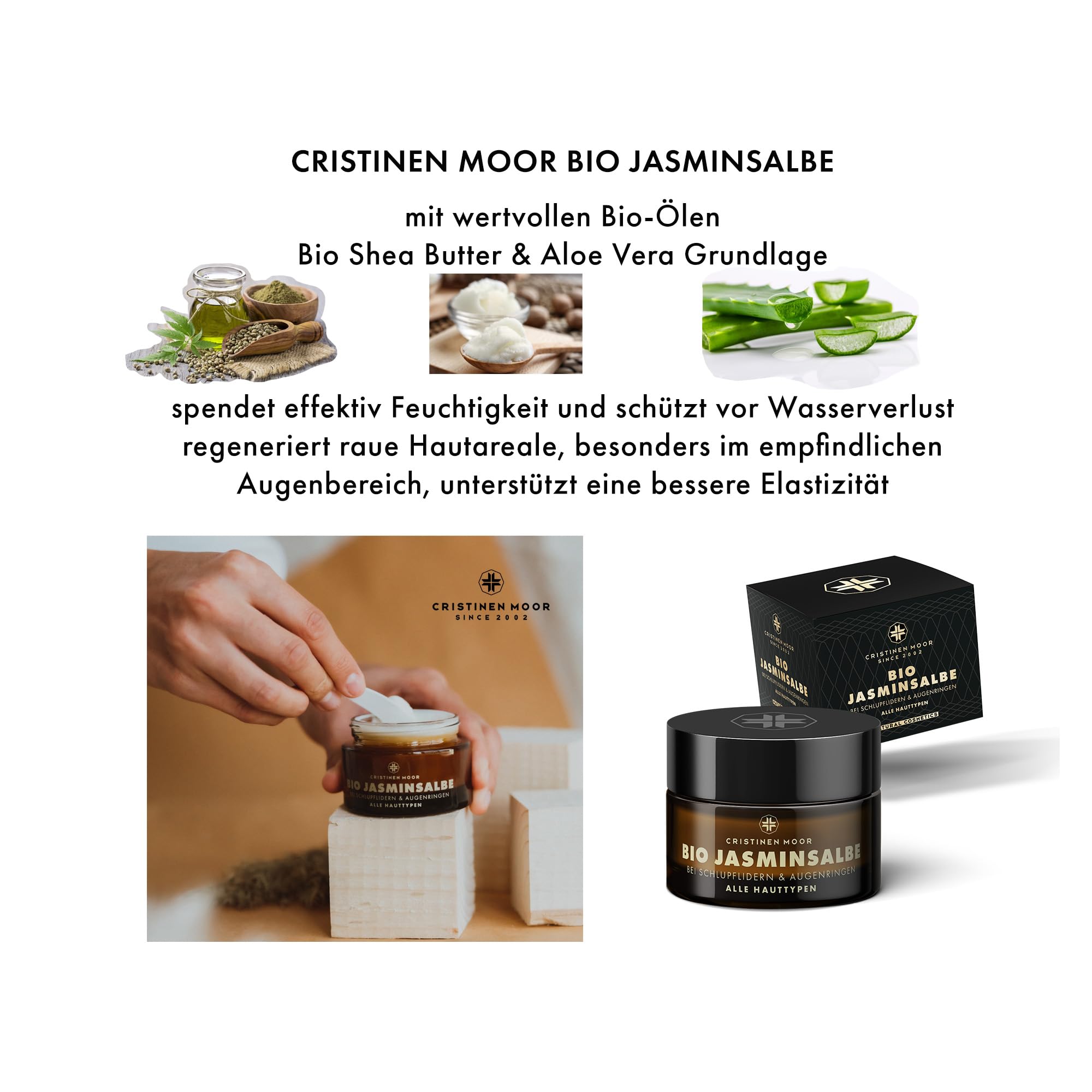 Cristinen Moor Bio Jasminsalbe I Augencreme bei Augenringen, müden und geschwollenen Augen, Schlupflidern I mit Bio Hyaluron | zertifizierte Naturkosmetik