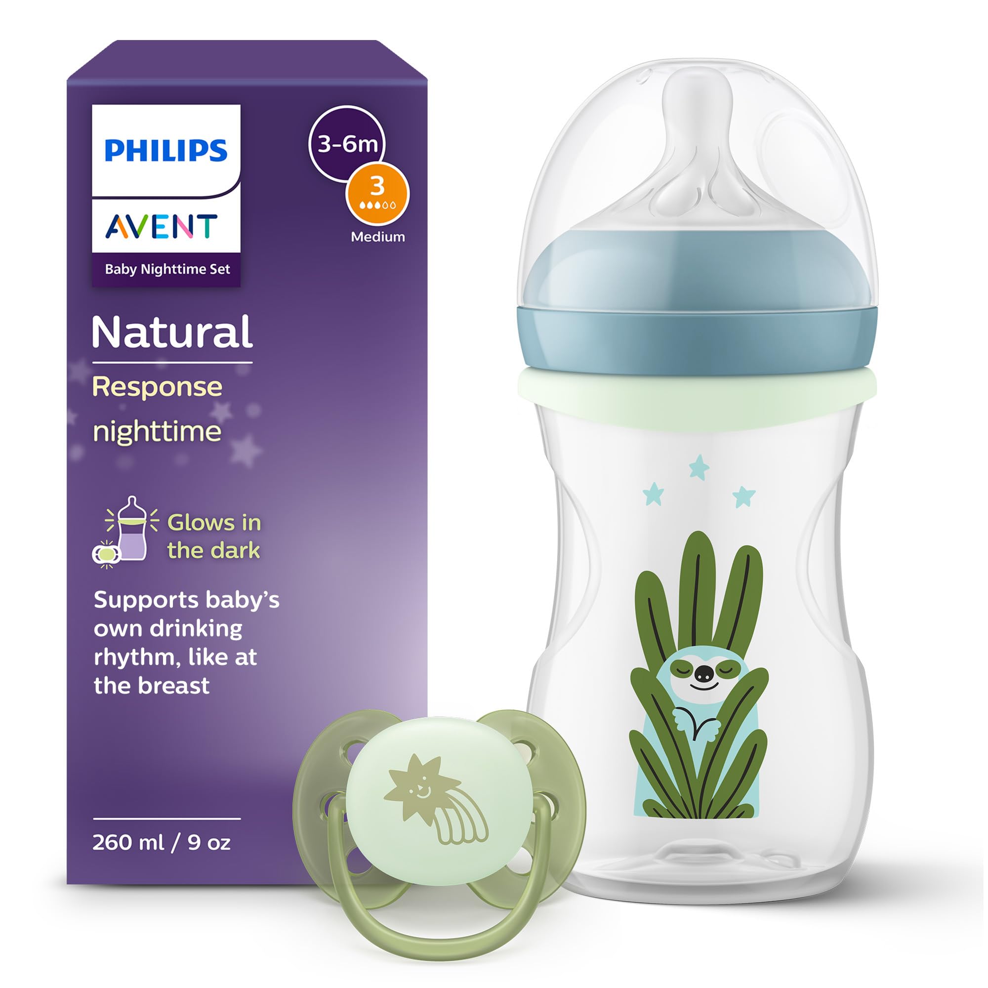 Philips Avent Natural Response Nighttime Set - 9 oz/260 ml Bottle with Medium Flow Teat (Flow 3), with Glow-in-the-Dark Ring Accessory, Ultra Soft Nighttime Dummy, Sleepy Sloth Design, SCD838/17