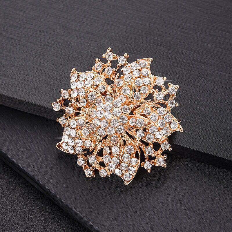 Image of Wedding Bridal Big Crystal Rhinestone Bouquet Brooch Pin for Women (gold flower)