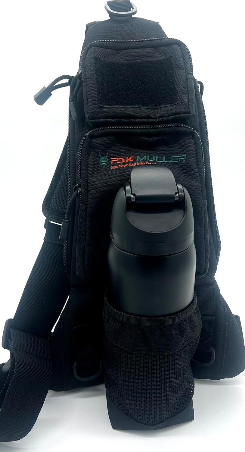 crossbody sling bag water bottle holder, rfid back pocket, travel, hiking, everyday go bag, chest bag, unisex, slim profile, mid-size (black)