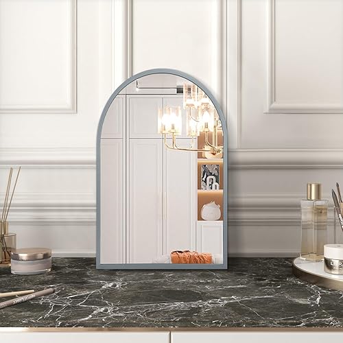 Miniatura 150 de Espejo de pared arqueado negro con marco de aleación de aluminio, espejo de baño de metal cepillado, espejo montado en la pared para sala de estar