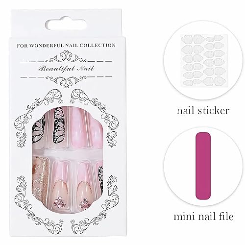 Miniatura 7 de Uñas postizas a presión de bailarina, uñas postizas largas con forma de ataúd de mariposa negra, uñas acrílicas rosas mate, uñas acrílicas de