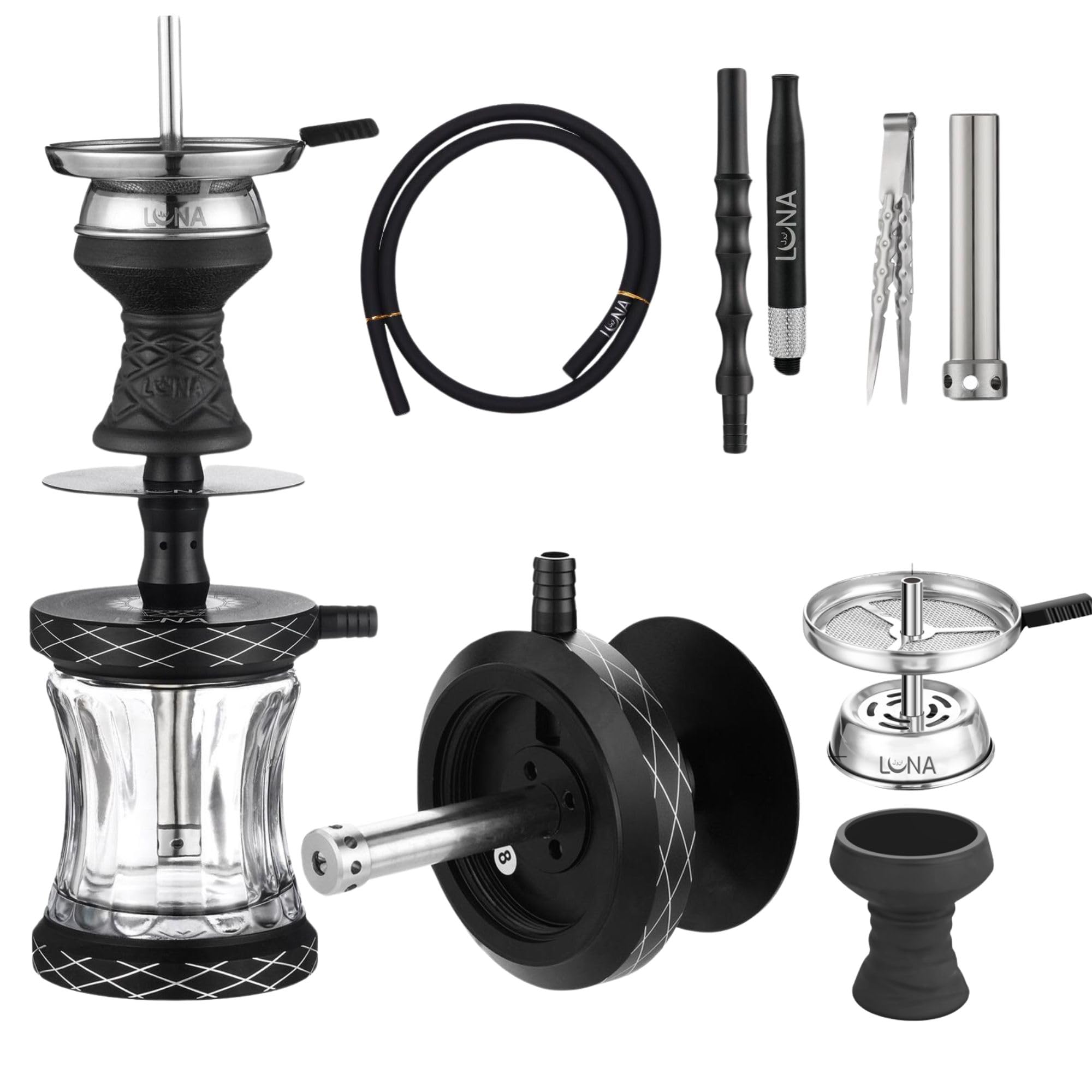 Luna Vacanza - Shisha de aluminio y acero inoxidable, pipa de agua, cabezal de chimenea, juego completo, tubo de inmersión con difusor, manguera de silicona, boquilla de aluminio, color negro