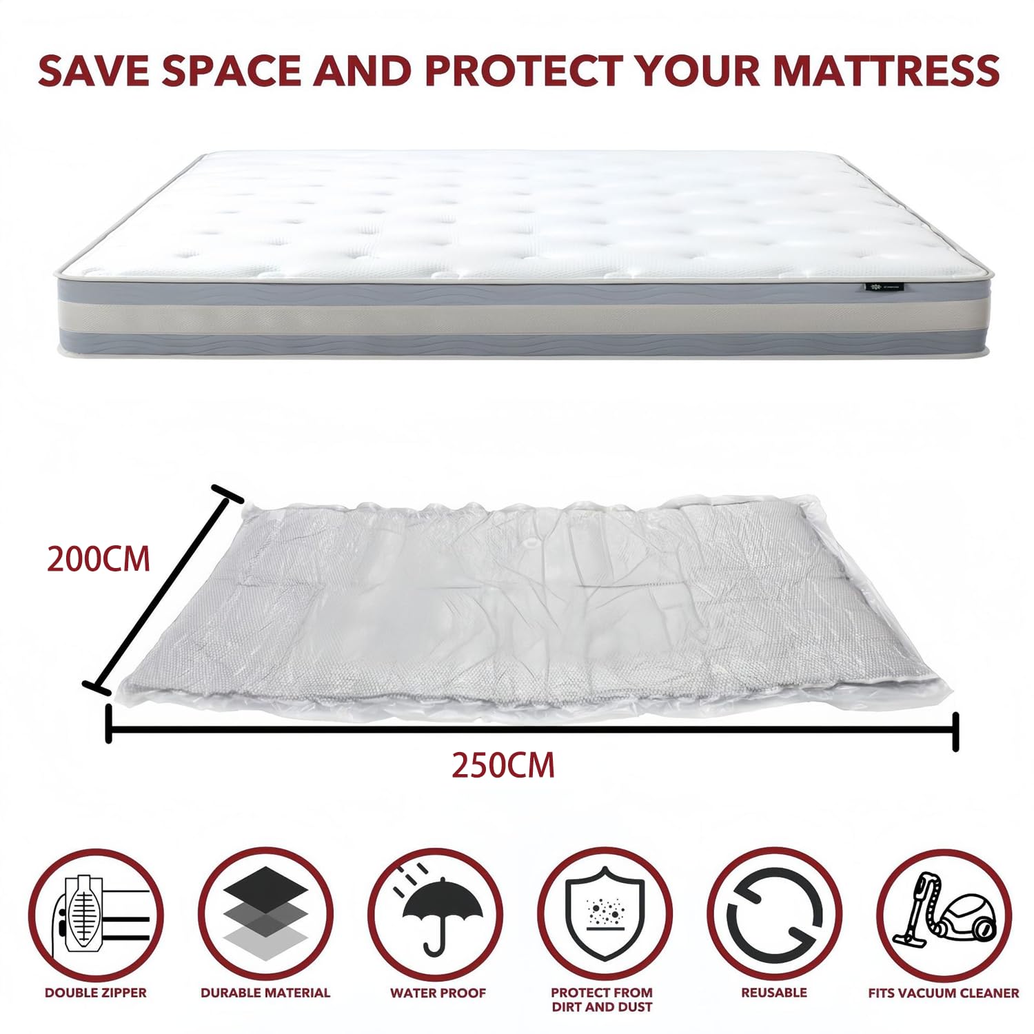 Vakuumbeutel Matratze | Großer 200x250 cm Beutel für Vakuum Lagerung von Matratzen 180x220-230cm mit 5-15cm Dicke | Vakuumbeutel für Matratzen | Gratis 2 Gurte inklusive