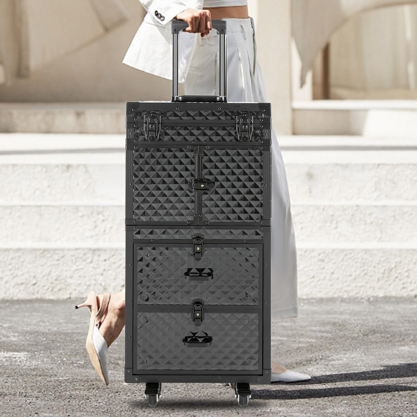 Make-up Rolling Friseurkoffer, 3-Tier Große Speicher kosmetischer Trolley Kosmetikkoffer Schwarz (Dreidimensional)