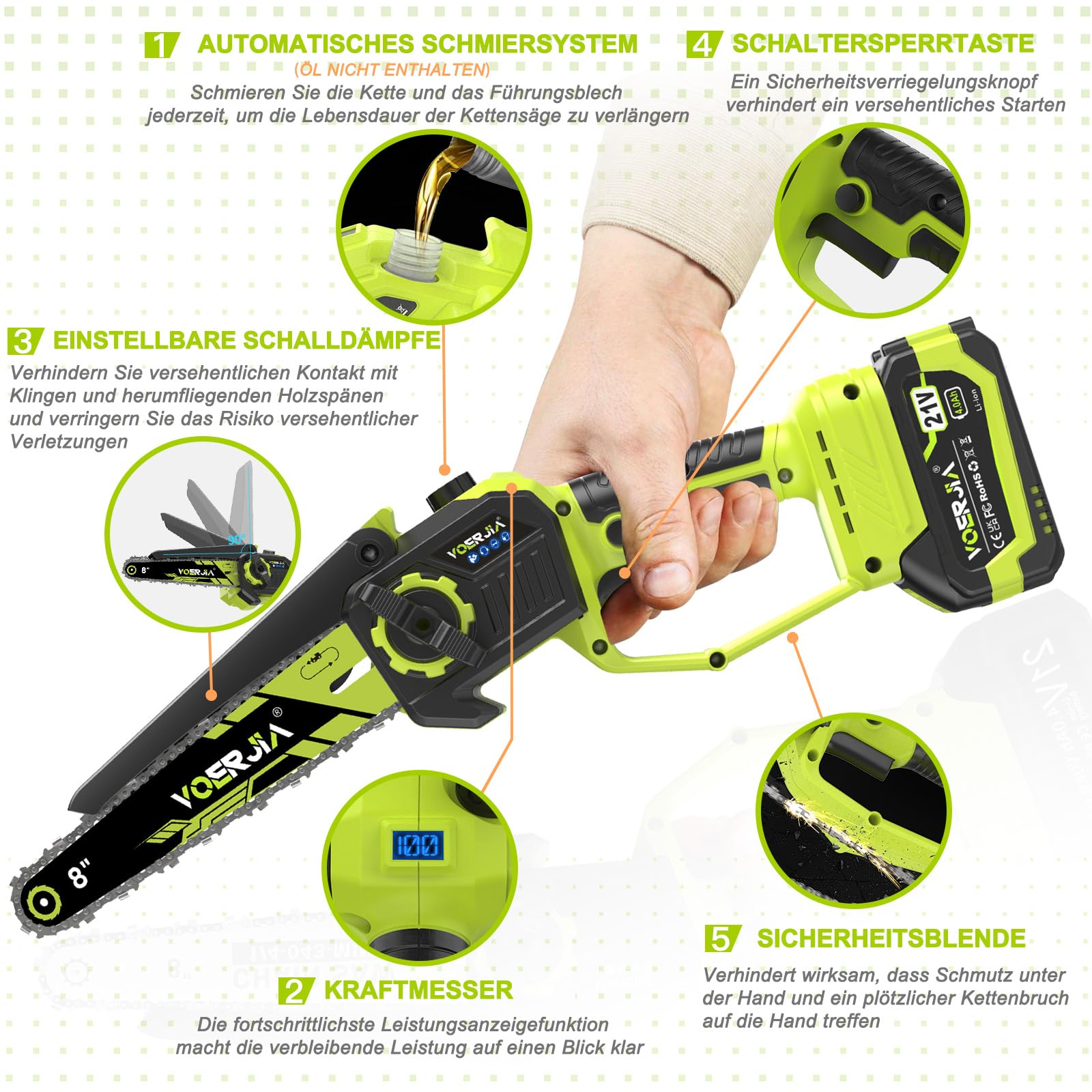 VOERJIA Akku Kettensäge 21V, Mini Kettensäge 6 & 8 Zoll mit automatischer Kettenschmierung, 2x 4.0Ah Akku, bürstenloser Motor, Handkettensäge für Baumschnitt, Garten & Holzarbeiten