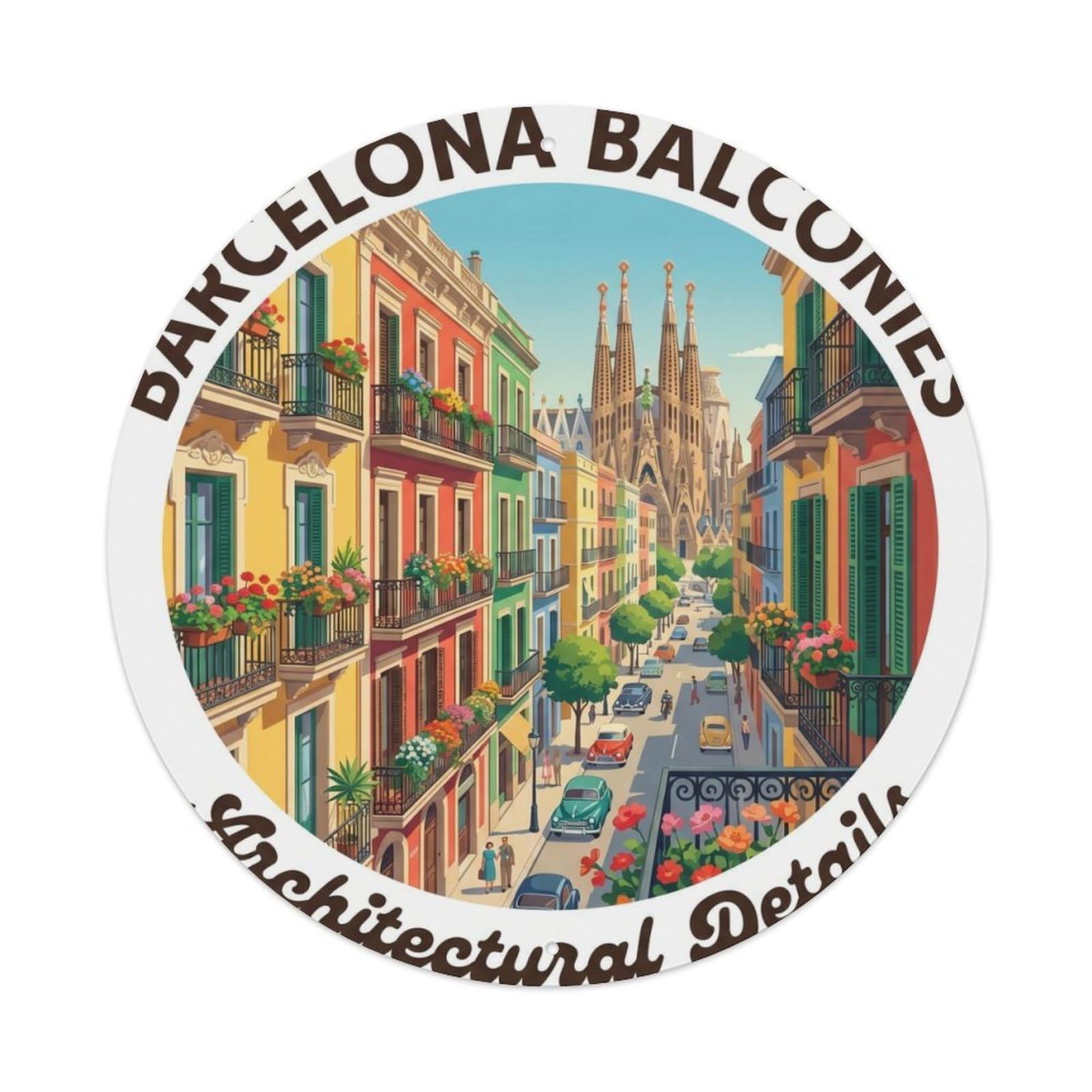 Vintage Travel Barcelona Balcony Spanish Architecture Metal Tin Sign Plaque Wall Decor for Cafe, Club, Garden Round Metal Poster 8x8Inch