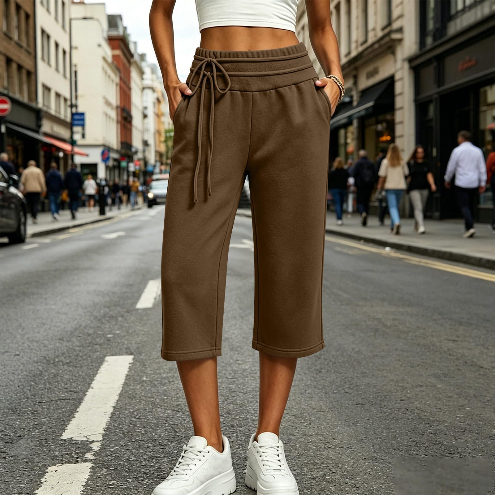 Pantaloni da Jogging Donna Pantaloni da Corsa con Elastico in Vita Pantalone Tuta Donna con Tasche e Coulisse Comodi 3/4 Pants Sportivi a Gamba Dritta Pantalone Baggy a Gamba Larga per Yoga e Fitness