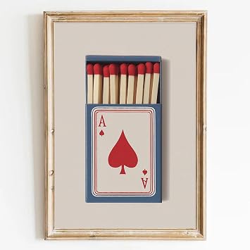 Vintage Matchbox Canvas Wall Art Blue Aesthetic Canvas Poster Red and Blue Minimalist Prints Playing Ace Card Preppy Poster Colorful Retro Matchbook Print Vintage Artwork for Room 16x24inch No Frame