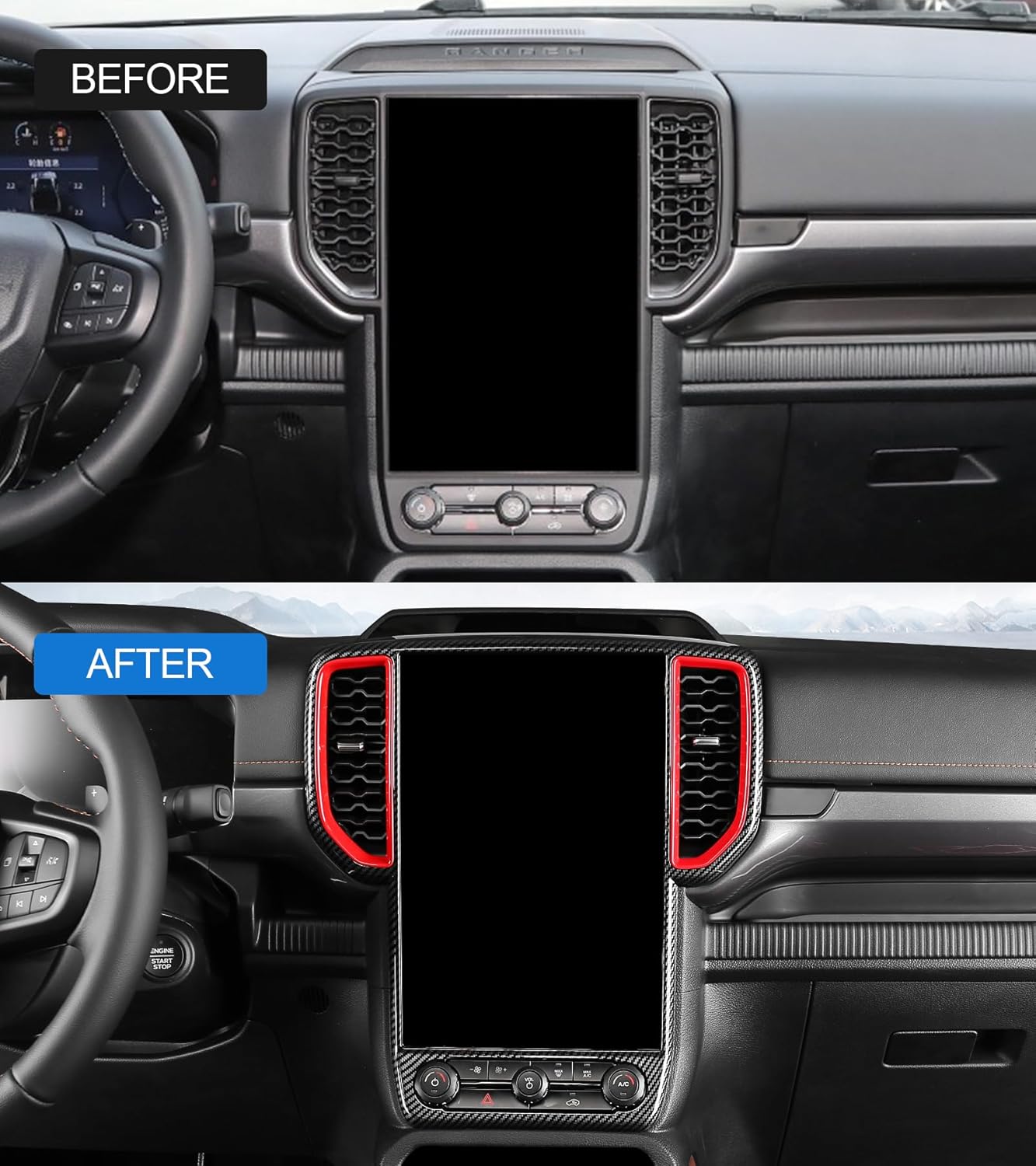 Center Console Cover Navigation Screen Panel Cover Trim Fit for 2024 2025 Ford Ranger XLT Lariat Raptor, Dashboard Frame GPS Screen Trim Center Console Display Cover Air Vent Cover(for 12 Inch Screen)