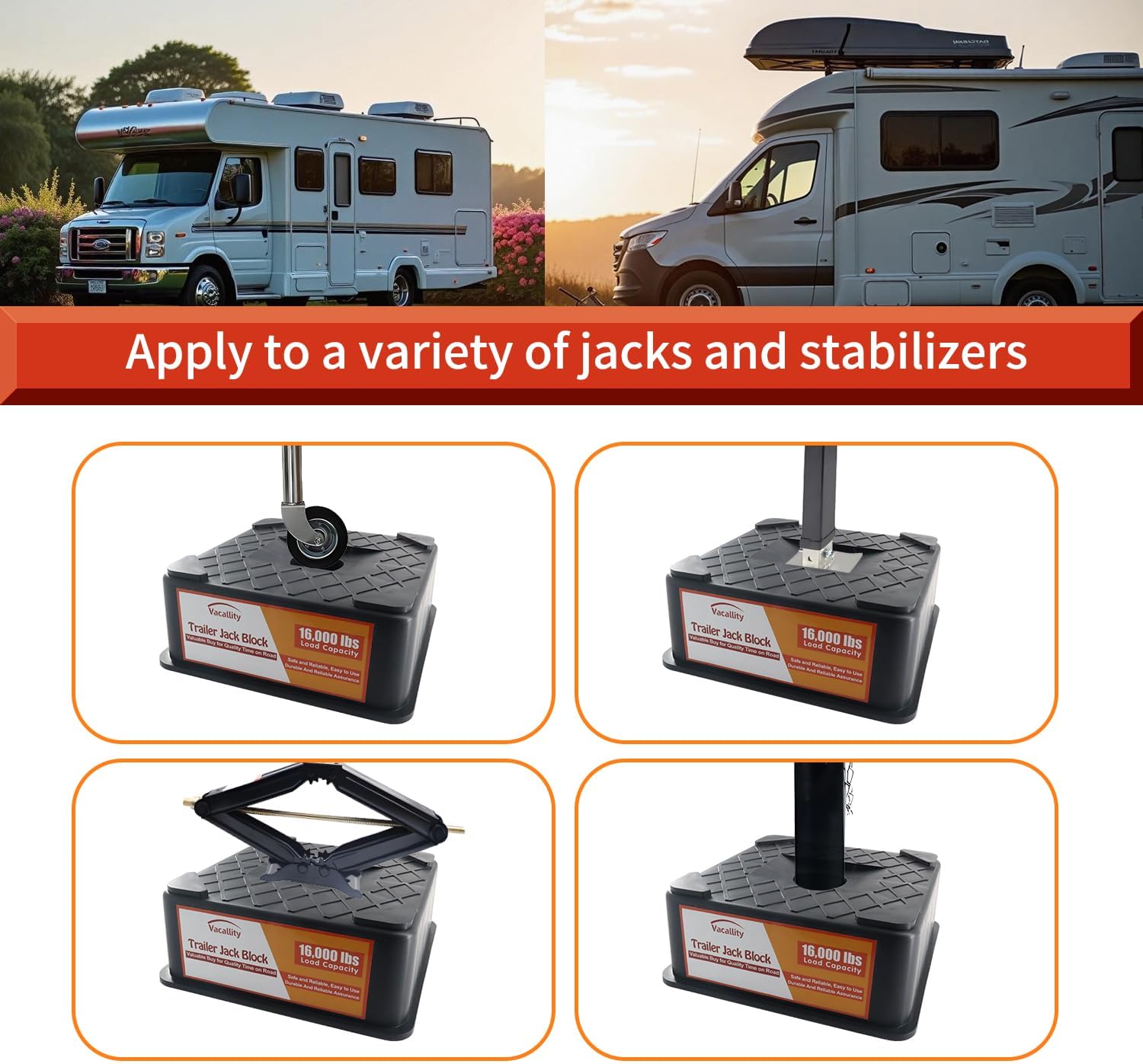 RV Trailer Jack Block, Trailer RV Stabilizer Blocks, 2 Pack Up to 16000 Lbs, Heavy Duty Sturdy Utility Jack Stand for 5th Wheels, Scissor Stabilizer, Round Square Tongue Jack Foot