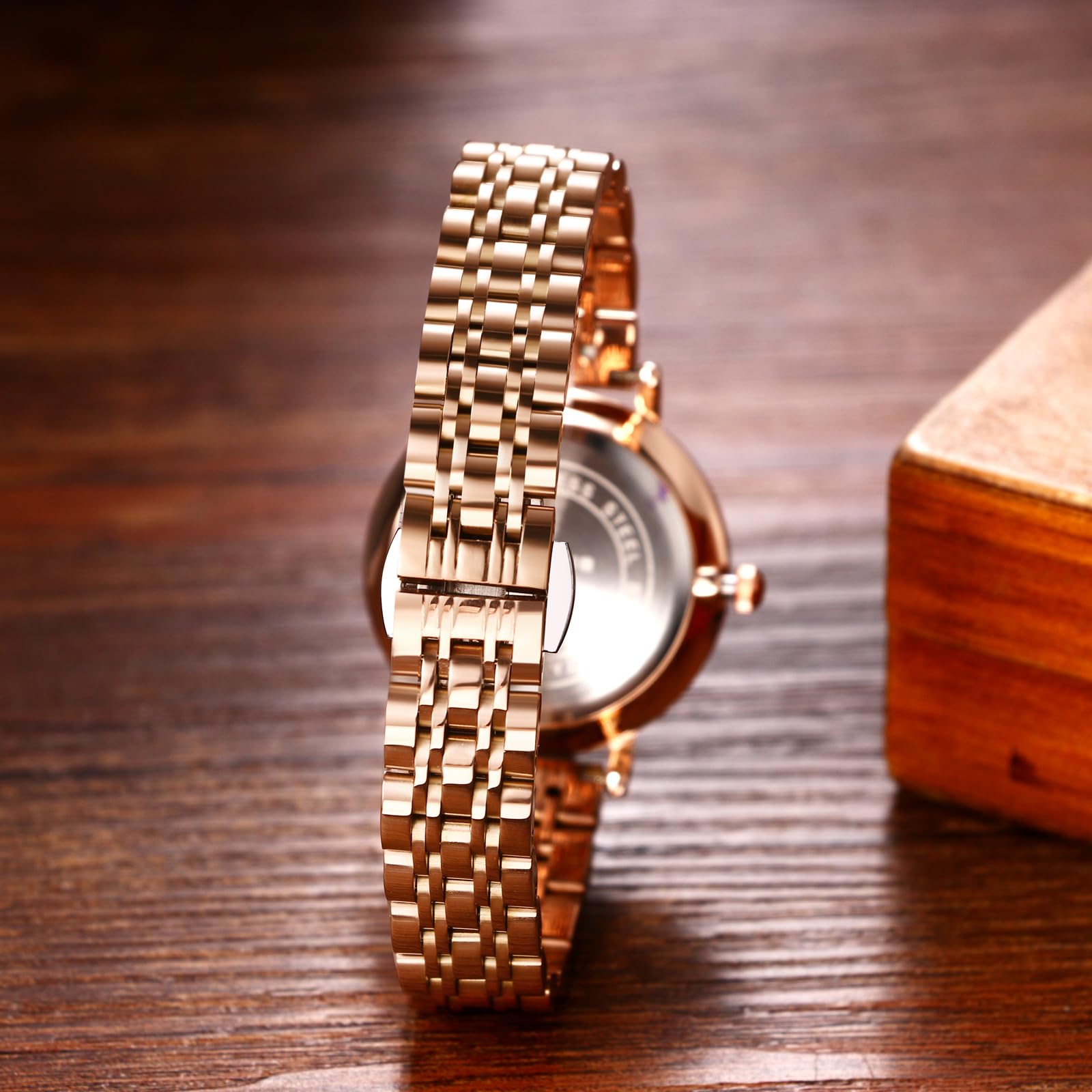 JewelryWe Zegarek damski ze stali nierdzewnej, świecący zegarek: 2 sztuki, 30, wodoszczelny, analogowy, kwarcowy, damski, różowe złoto, stal szlachetna, luksusowy zegarek z fasetowanym szkłem