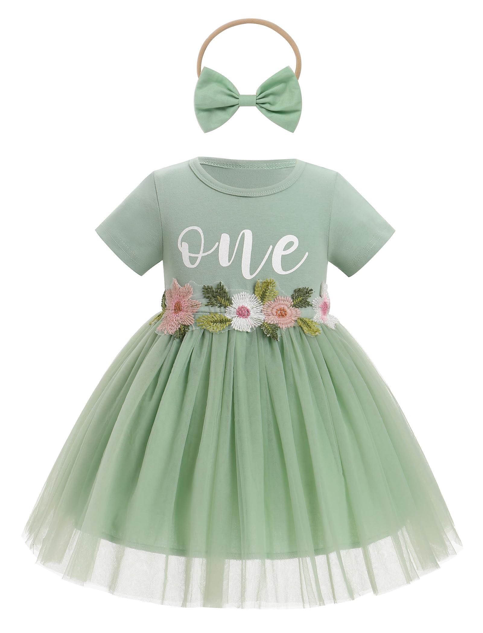 Baby Girl Primo Compleanno Vestito Ricamo Floreale Manica Corta Tutu Abiti Principessa con Bowknot Fascia Set Battesimo Torta Smash Neonato Photoshoot Vestiti