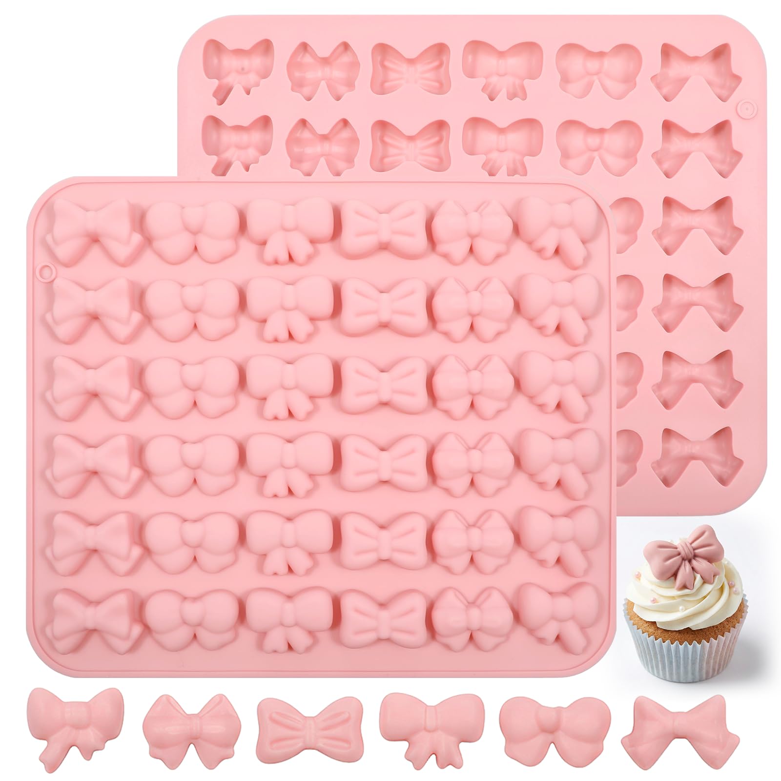2 PCS Bow Silicone Molds, Pink Mini Silicone Fondant Bow Molds 6 Shapes Reusable Bowknot Chocolate Mold for Candy Fondant Clay DIY Cake Pudding Decorating Desserts Cupcake Topper