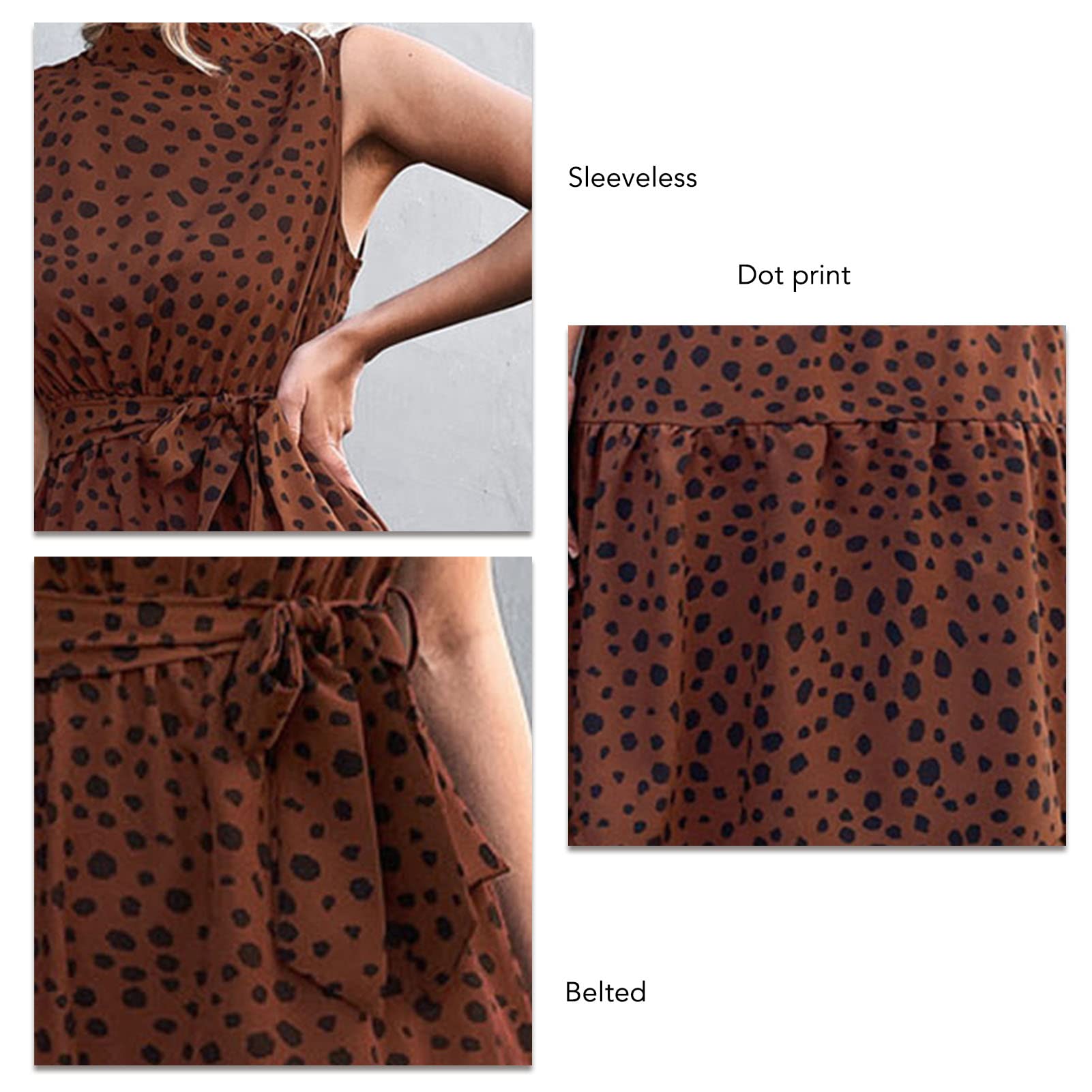 Abito con Stampa a Pois, Colletto in Basamento Senza Maniche con Cintura Abito Estivo Lungo da Donna Alta Abito Estivo Elegante Abito Lungo Collo Alto con Cintura per Feste,
