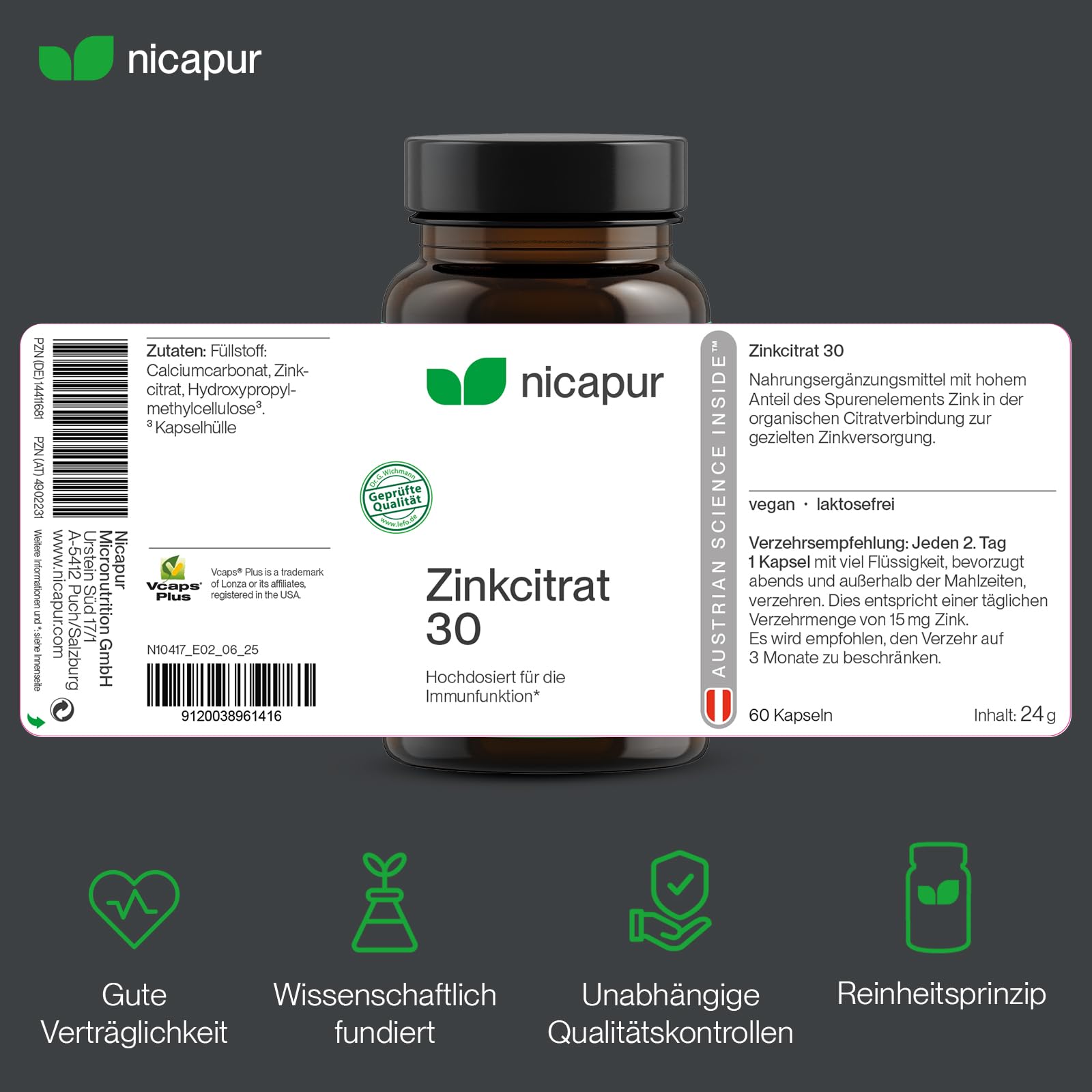 NICApur Zinkcitrat 30 Immunschutz-Element Kapseln, 60 St. Kapseln