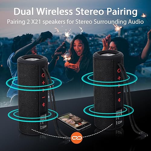 Miniatura 2 de X21 Altavoces Bluetooth portátiles duales, impermeables, para exteriores, emparejamiento estéreo inalámbrico con radio FM, tarjeta micro SD, IPX6,