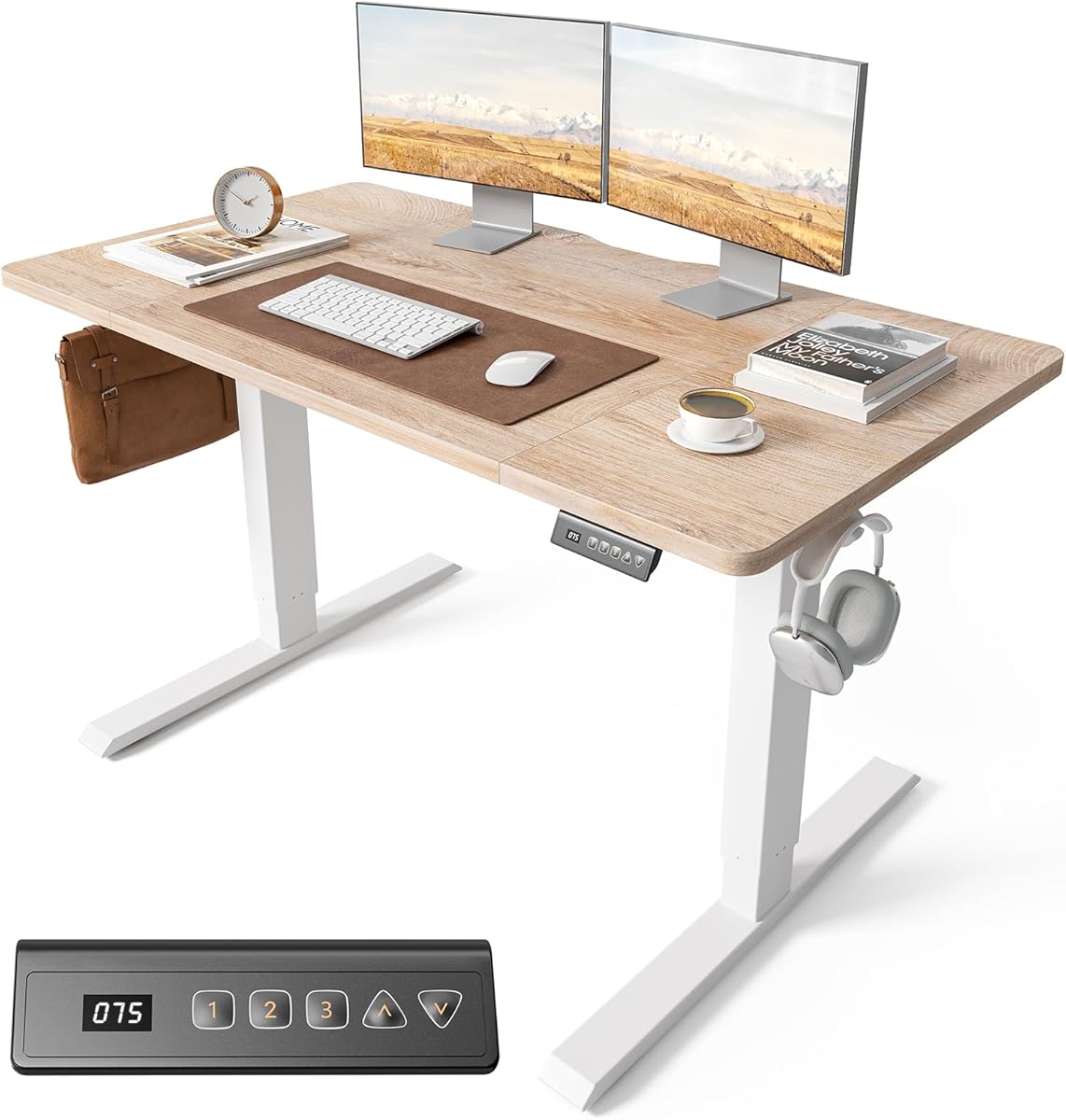 Cubiker Electric Standing Desk Height Adjustable For Gaming and Computer, 120 x 60cm Sit Stand Electric Home Office Desk with Memory Smart Pannel, 4 Pieces Splice Board, Oak