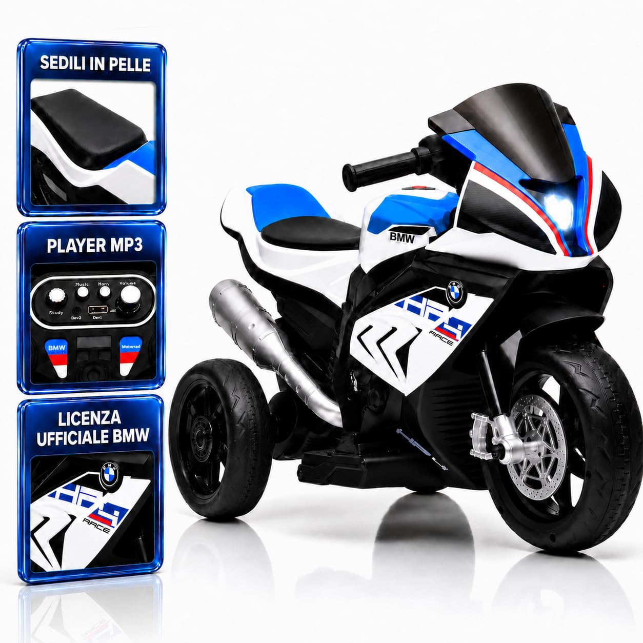 TOYSCAR Moto Elettrica per Bambini 12V BMW HP4 Race con Licenza Ufficiale, 3 Ruote, Sedile in Pelle, Luci LED, Musica, USB e AUX, Batteria Ricaricabile, 18-60 Mesi (Bianco)