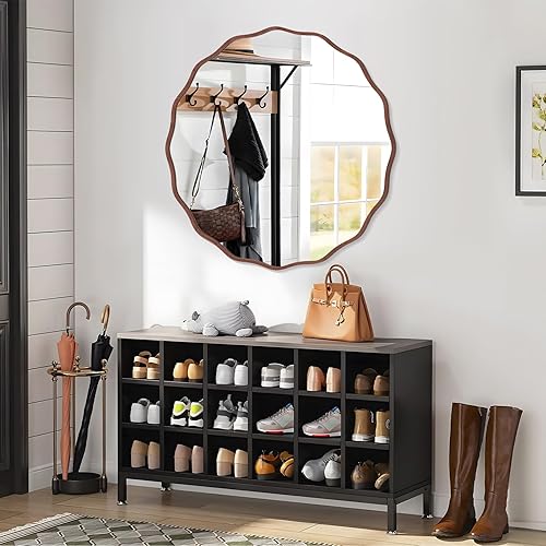 Miniatura 75 de Espejo redondo decorativo para pared de 28 pulgadas, moderno espejo ondulado dorado con marco de madera, espejo de pared circular para baño