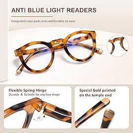 EASY READ Retro Round Blue Light Blocking Reading Glasses for Women,Anti UV Readers for Women with Spring Hinge(Tortoise,+1.50)