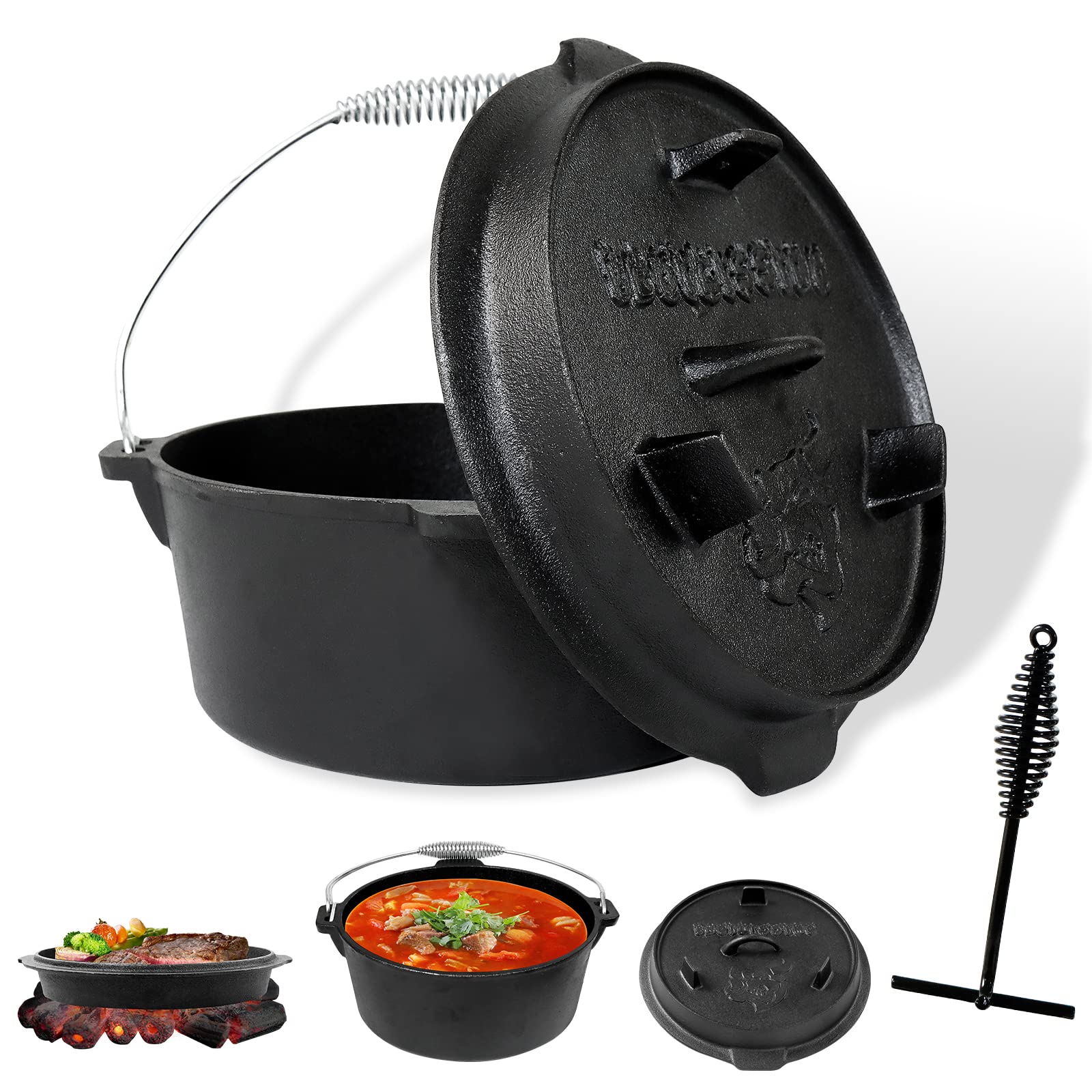 CCLIFE Juego de horno holandés, 4/6/9 litros, olla de hierro fundido con olla de hierro fundido para barbacoa y camping