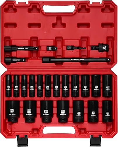 Miniatura 11 de MIXPOWER 25 piezas de juego de llaves de impacto de profundidad de 1/2 pulgada, CR-V, métrico/SAE, incluye 12 mm a 24 mm, 3/8 pulgada a 1 pulgada,