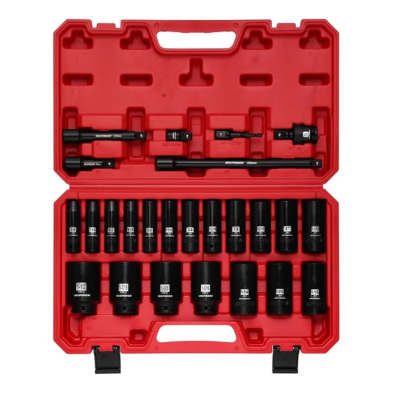 Jogo de Soquetes de Impacto MIXPOWER com Encaixe de 12,7 mm (1/2 pol.), Profundos de 9,5 a 38,1 mm (3/8 a 1-1/2 pol.), Aço CR-V e CR-MO, 25 peças