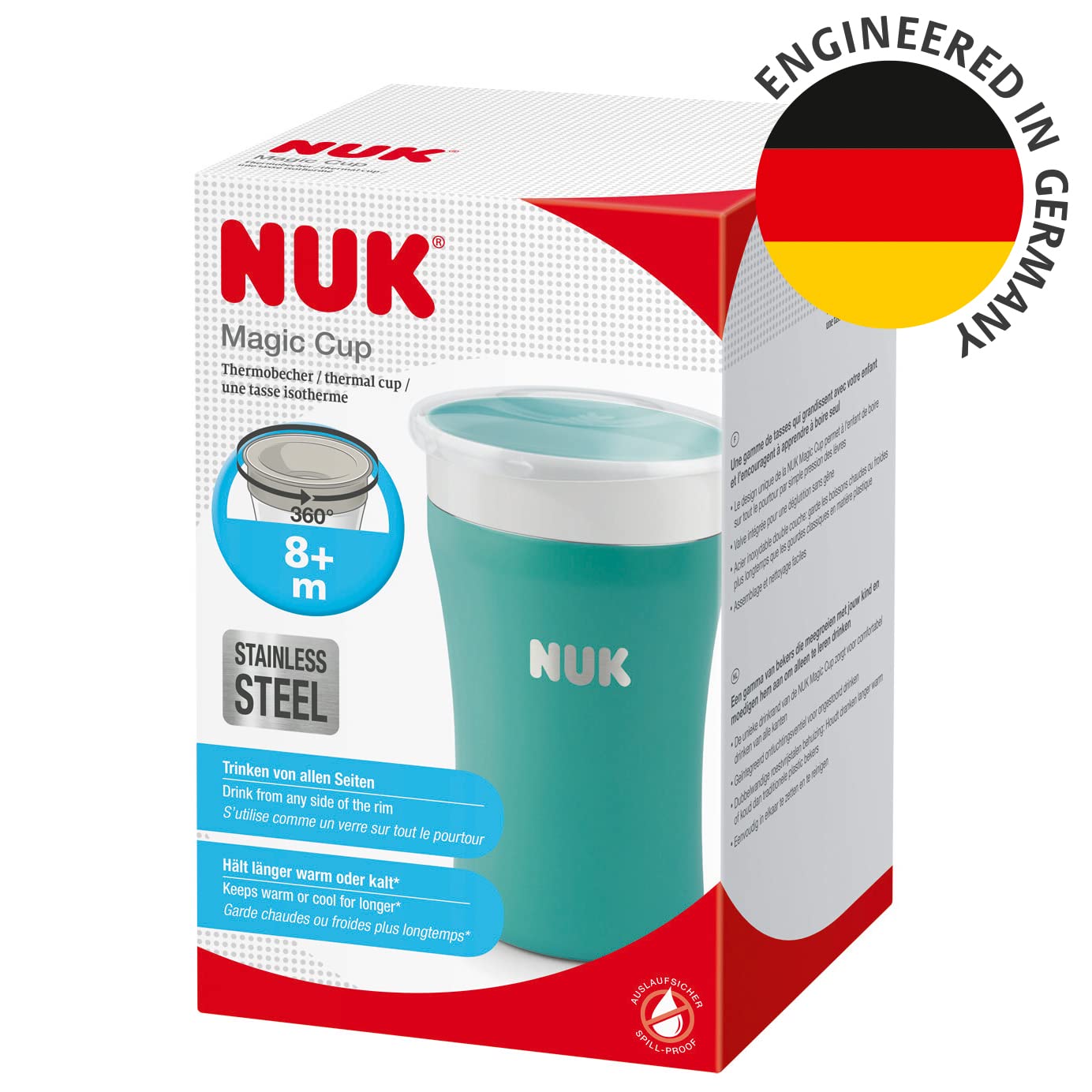NUK Magic Cup vaso aprendizaje bebe de acero inoxidable | +8 meses | 230 ml | Borde a prueba de derrames de 360° para beber desde cualquier lado | A prueba de fugas | Azul