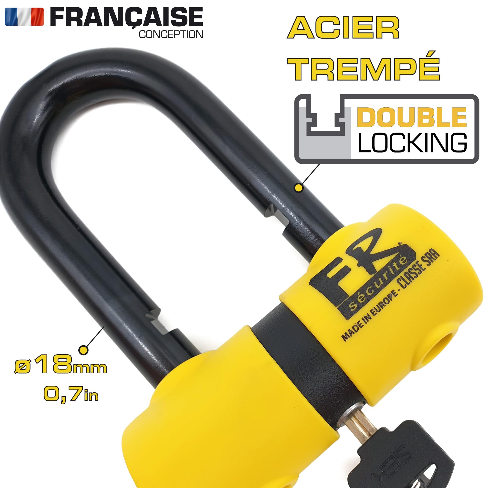 FR SECURITE FR50 Antivol Moto Homologué SRA, Bloque Disque Mini U ø18mm en Acier Cémenté, Testé contre Sciage Coupe-Boulons, Bloc Disque Double Verrouillage, Serrure Haute Sécurité Anti-Crochetage