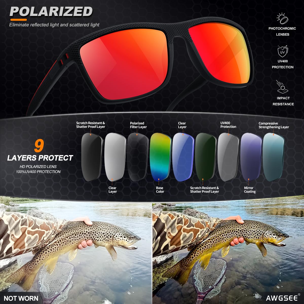 Gafas de sol polarizadas para hombre, protección UV, ligeras, para conducir, pescar, golf