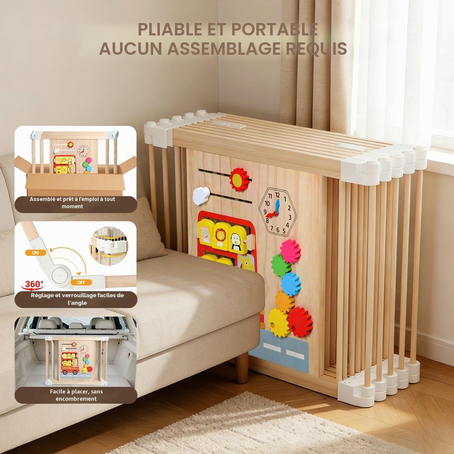 Parc Bébé Bois, Grand Parc Bebe Pliable avec Porte, Déformable Parc pour Enfants, Portable, Réglable Taille&Forme, Tableau Noir, Montessori Plateau de Jeu, Sûr Centre d'Activités pour Enfants